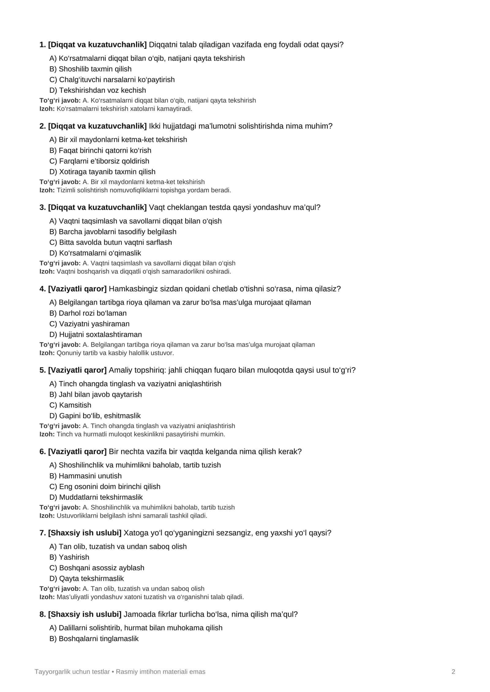 Bojxona psixologik testlari 2