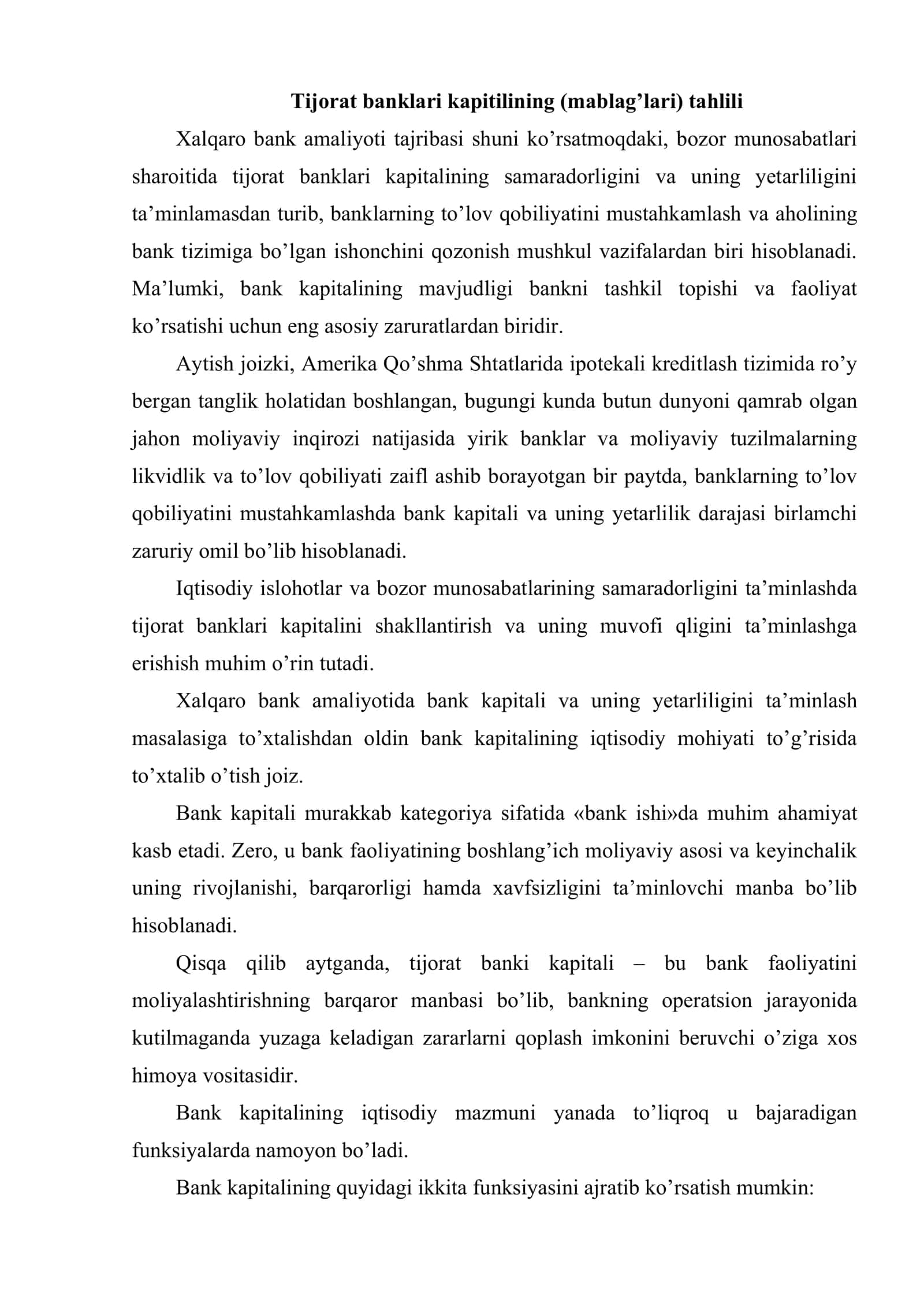 Bank kapititalining (mablag’lari) tahlili 2