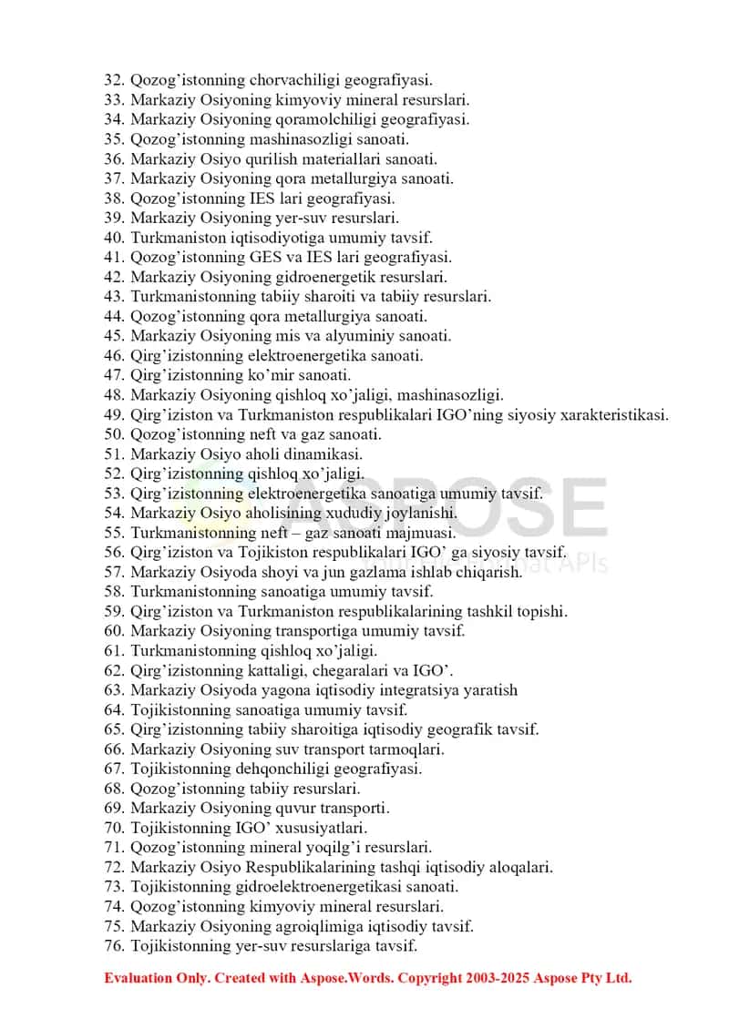 Markaziy Osiyo davlatlari iqtisodiy va ijtimoiy geografiyasi fanidan yakuniy nazorat savollari 2