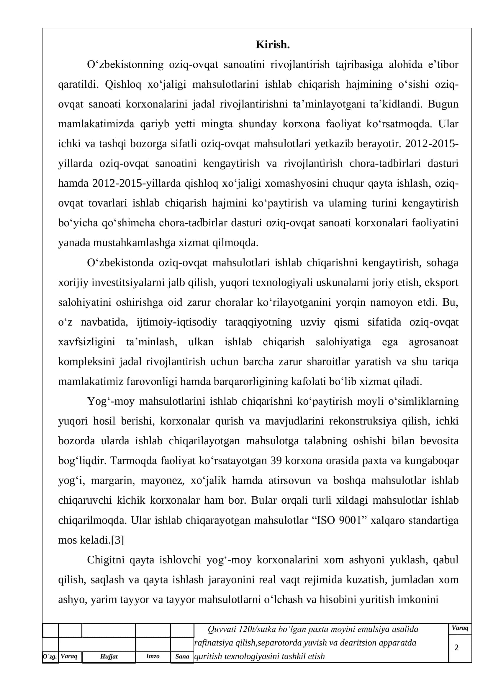 Quvvati 120t/sutka bo’lgan paxta moyini emulsiya usulida rafinatsiya qilish,separotorda yuvish va dearitsion apparatda quritish texnologiyasini tashkil etish 2