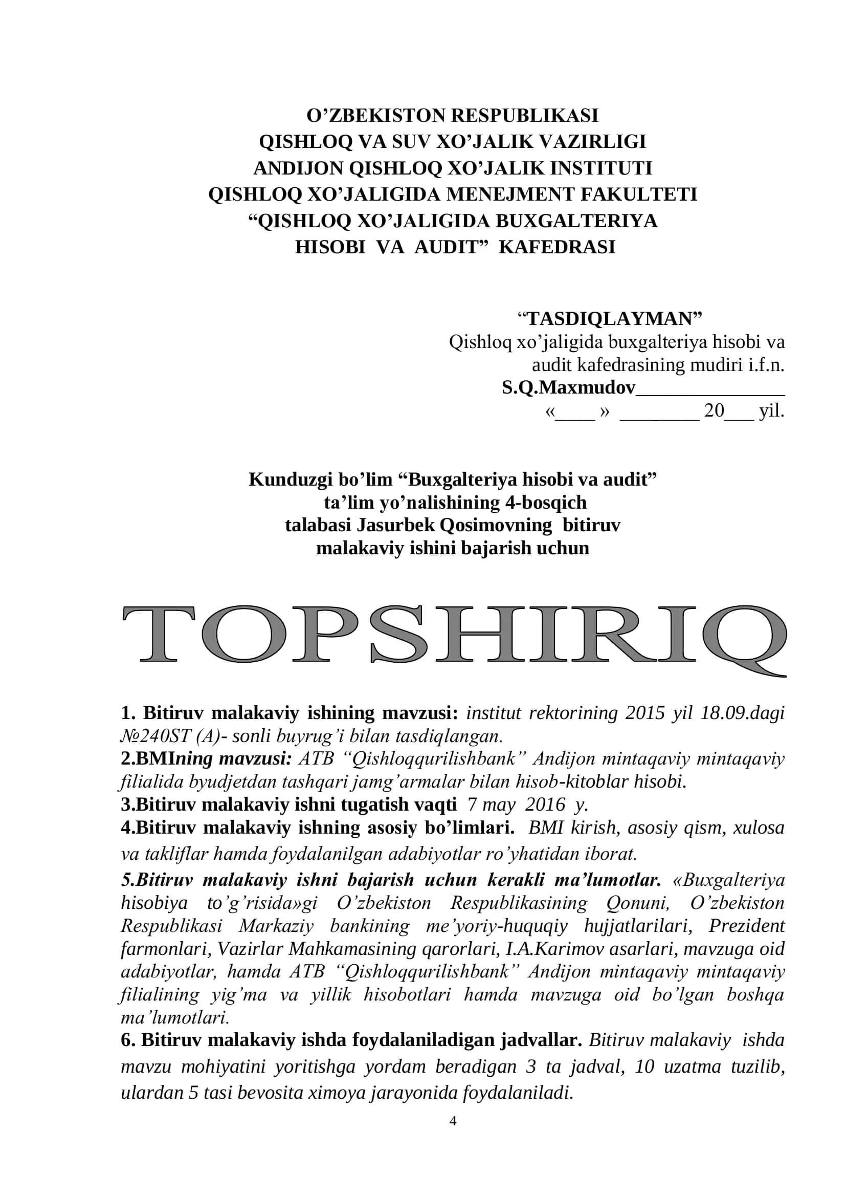 ATB “QISHLOQQURILISHBANK” ANDIJON MINTAQAVIY FILIALIDA BYUDJETDAN TASHQARI JAMG’ARMALAR BILAN HISOB-KITOBLAR HISOBI 2