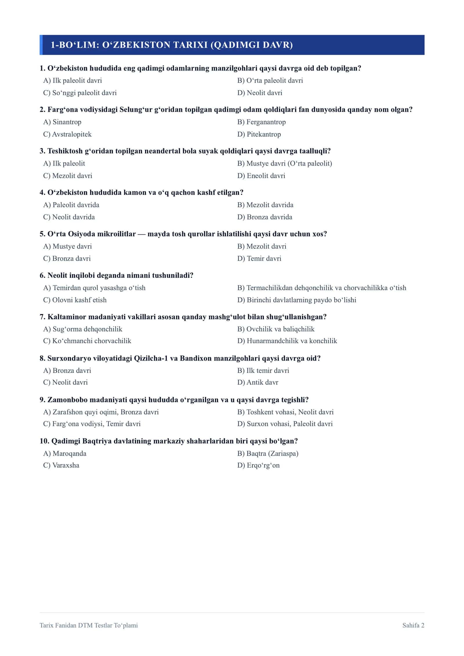 TARIX FANIDAN TESTLAR TO‘PLAMI 2