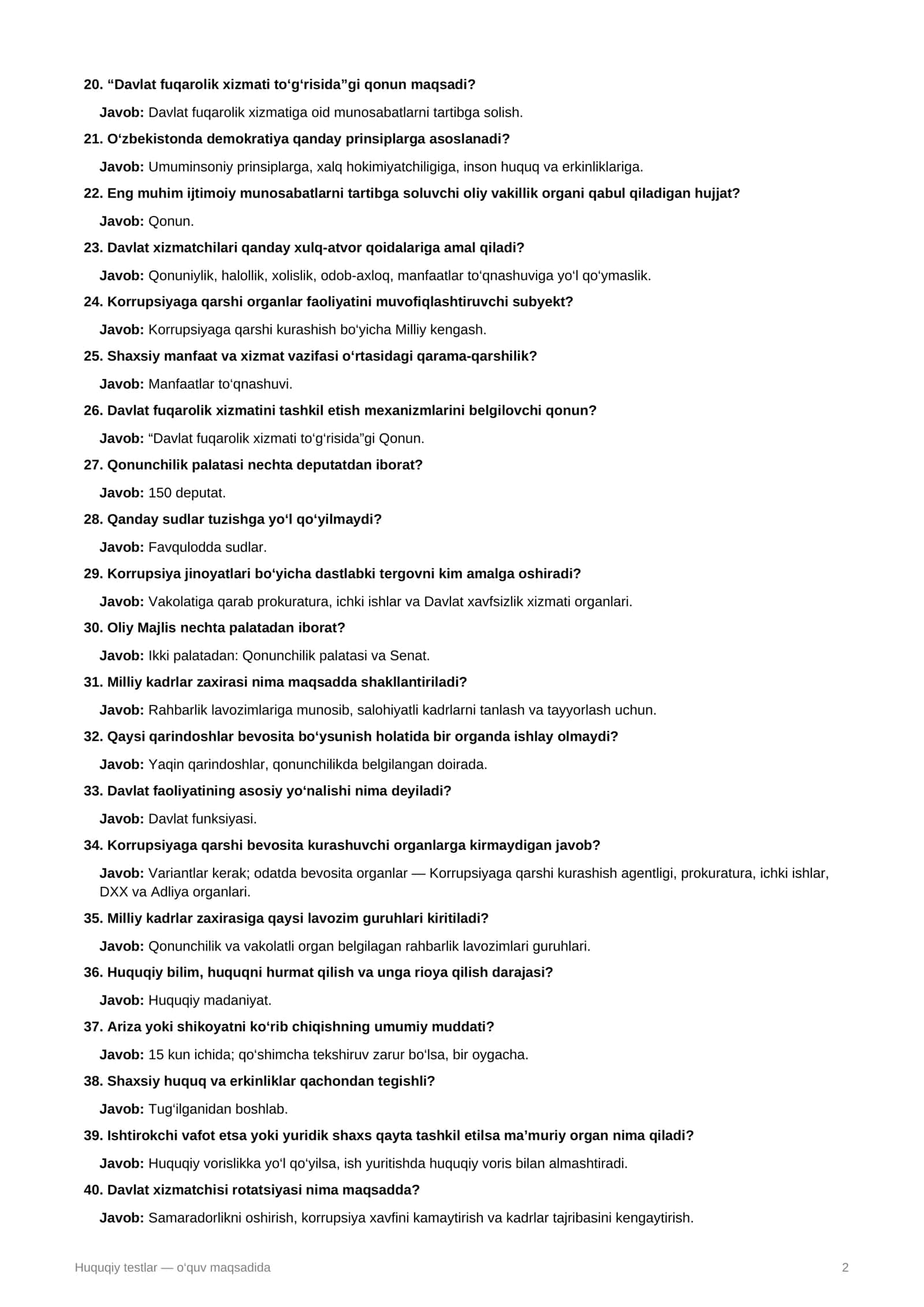 Huquqiy testlar 200ta Milliy qonunchilik 2