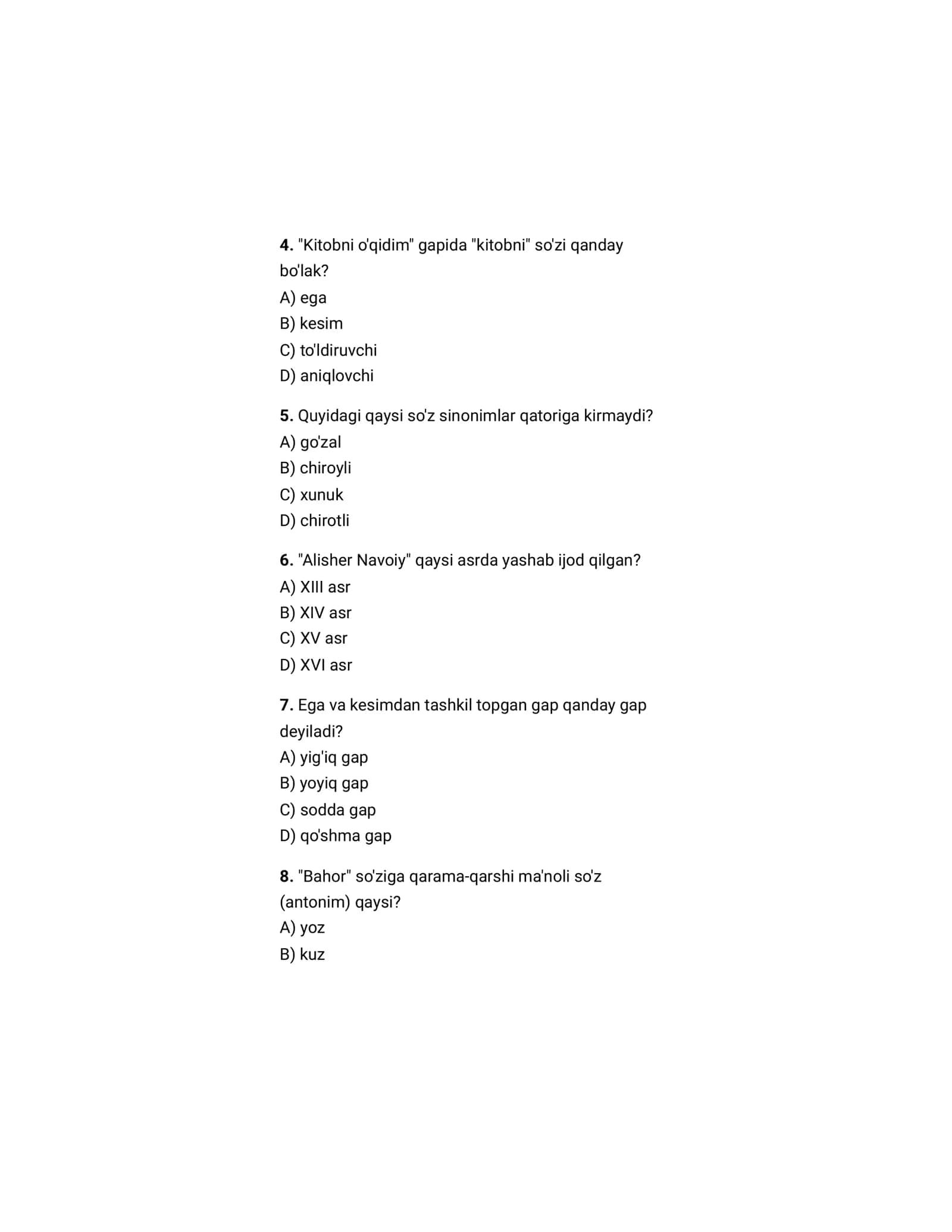 ONA TILI VA ADABIYOT TEST 2