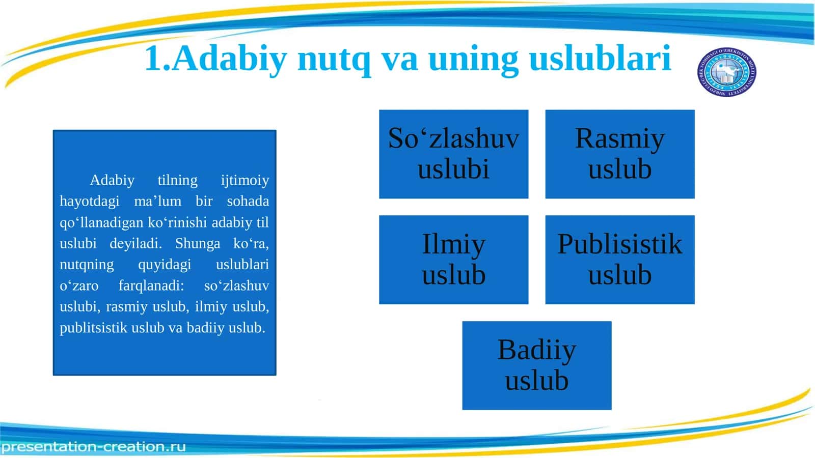 Adabiy nutq va uning uslublari . Ilmiy uslub , badiiy uslub , so‘zlashuv uslubi, rasmiy idoraviy uslub, publisistik uslublar va ularning uslubiy xususiyatlari 2