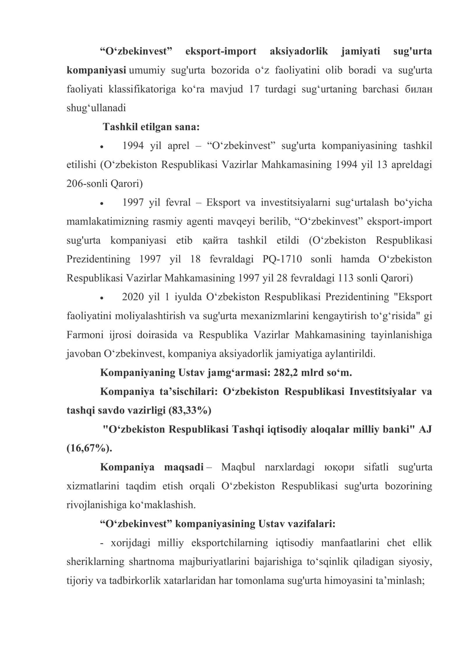 “O‘zbekinvest” eksport-import aksiyadorlik jamiyati sug'urta kompaniyasi 2