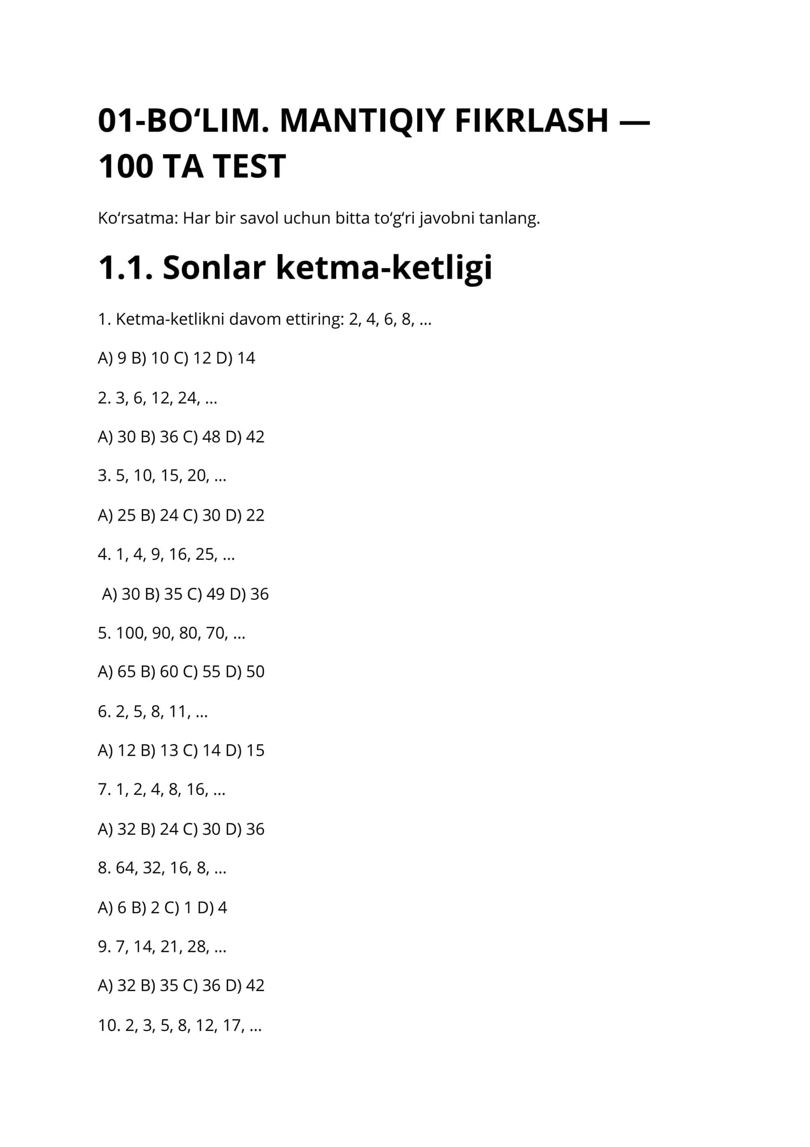 ARGOS 200 TA TEST SAVOLI VA JAVOBLAR - Mantiqiy fikrlash,  Milliy qonunchilik 2