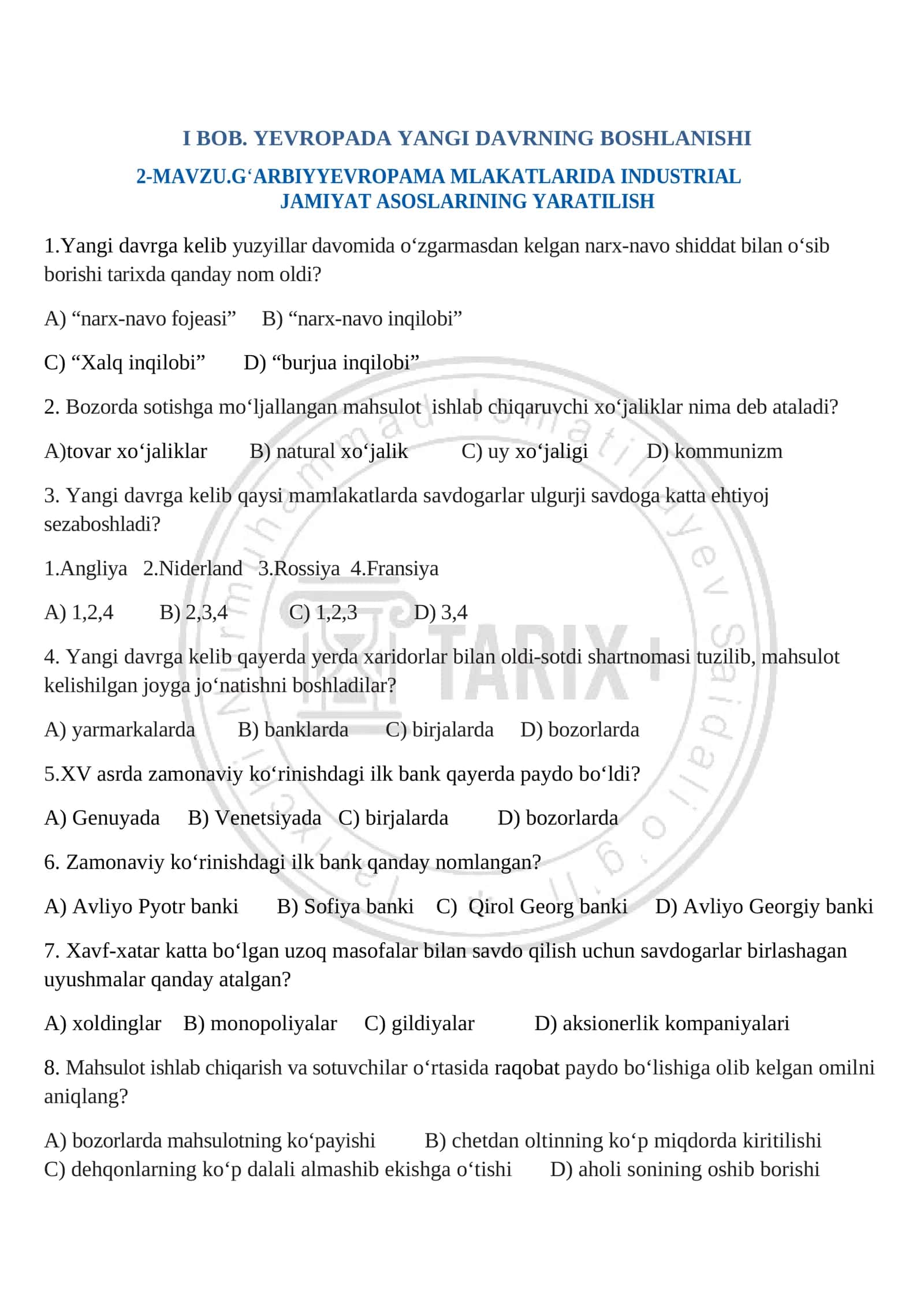 9 - sinf Jahon tarixi test 2