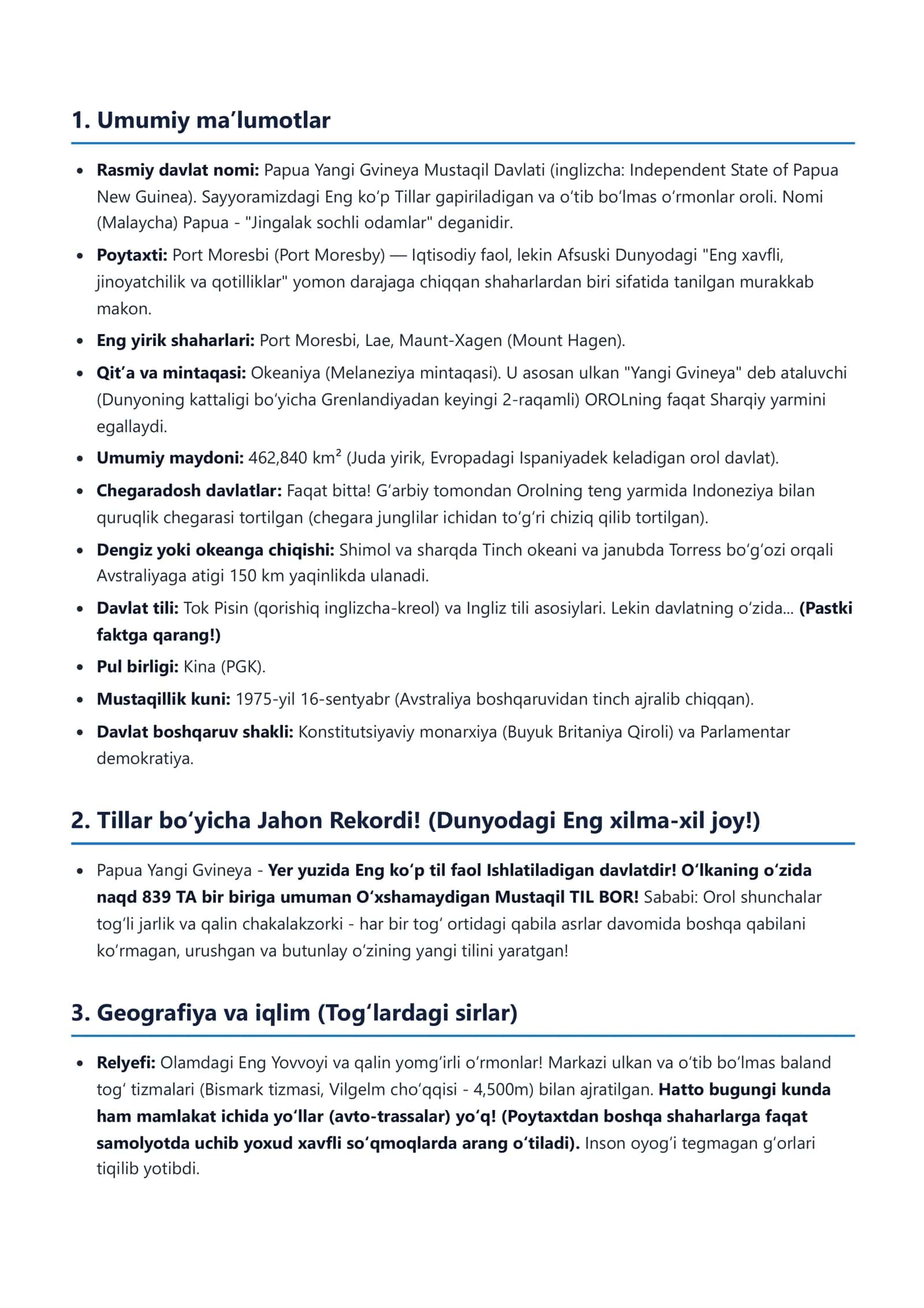Papua Yangi Gvineya Mustaqil Davlati Mamlakat ensiklopediyasi 2