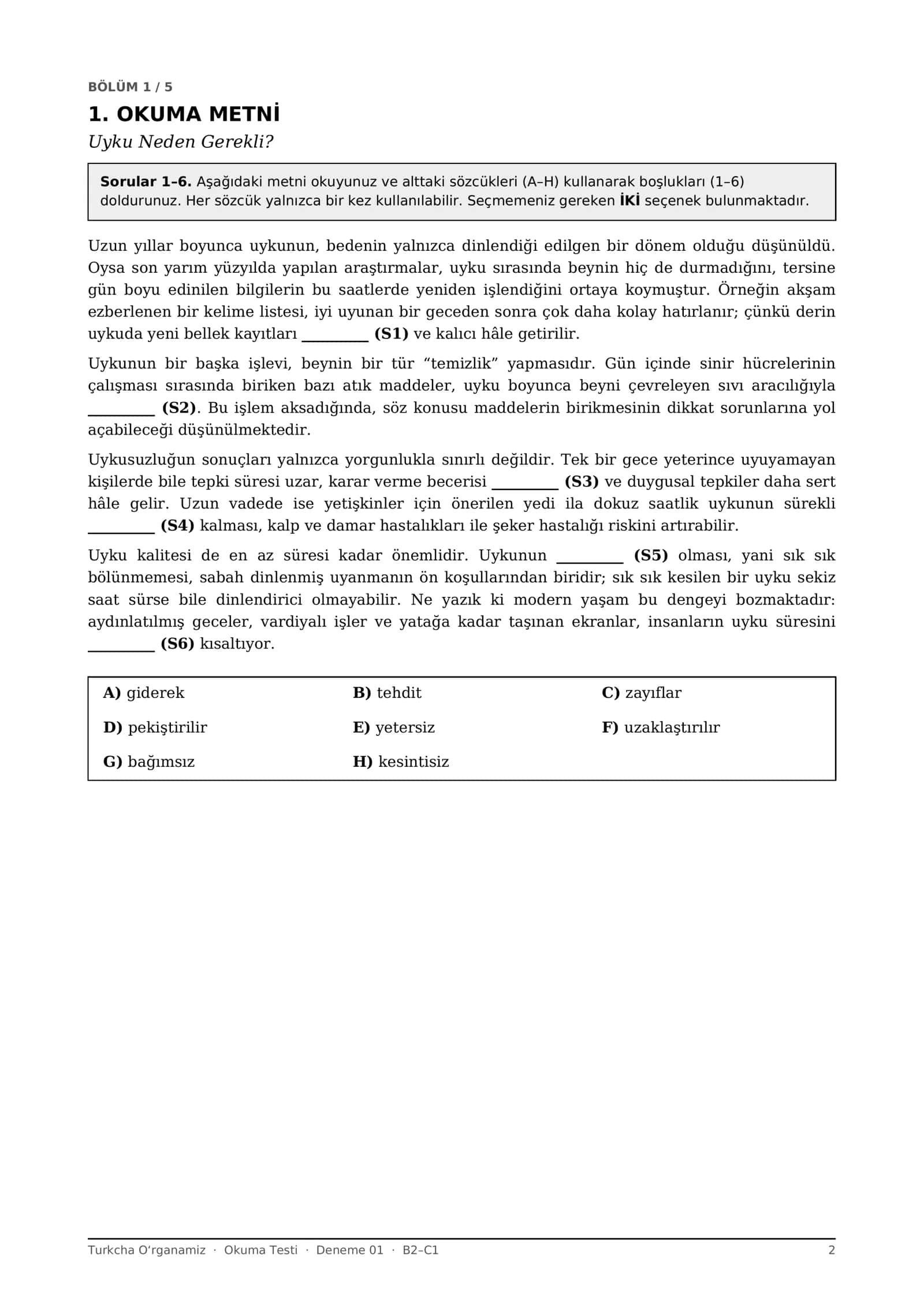Turk tili Okuma testlari 10 ta deneme B2-C1 (Milliy sertifikat formati, javoblar bilan) 2