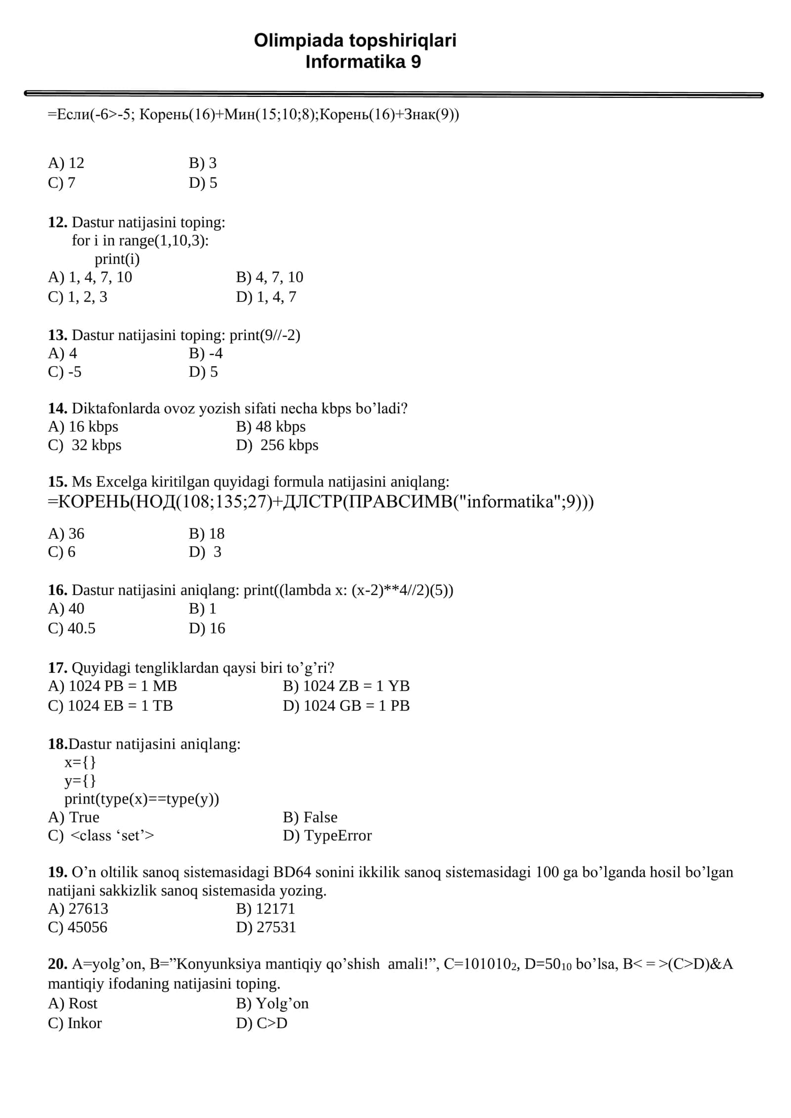 Olimpiada topshiriqlari Informatika 9 2