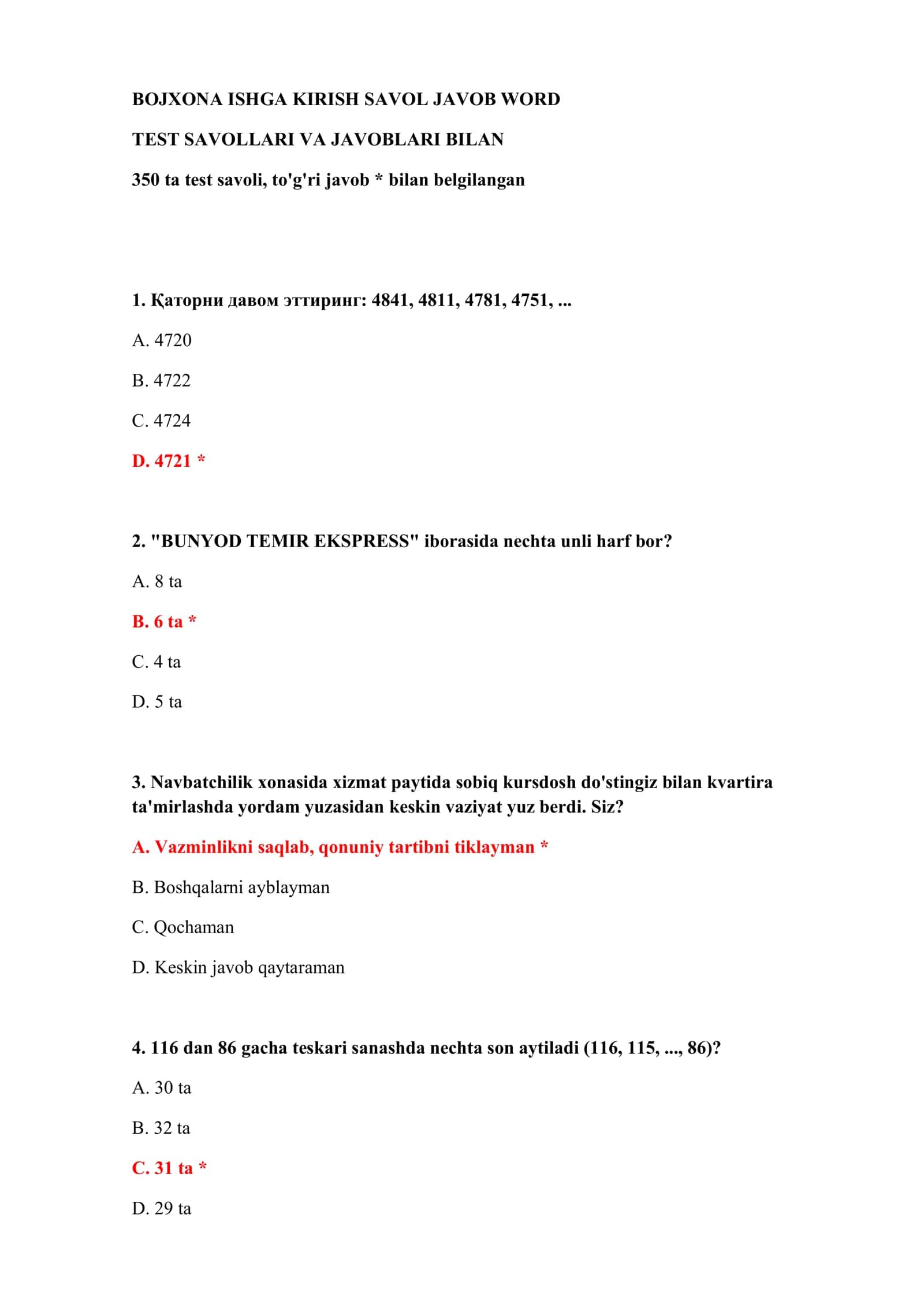 BOJXONA ISHGA KIRISH SAVOL JAVOB WORD TEST SAVOLLARI VA JAVOBLARI BILAN 2