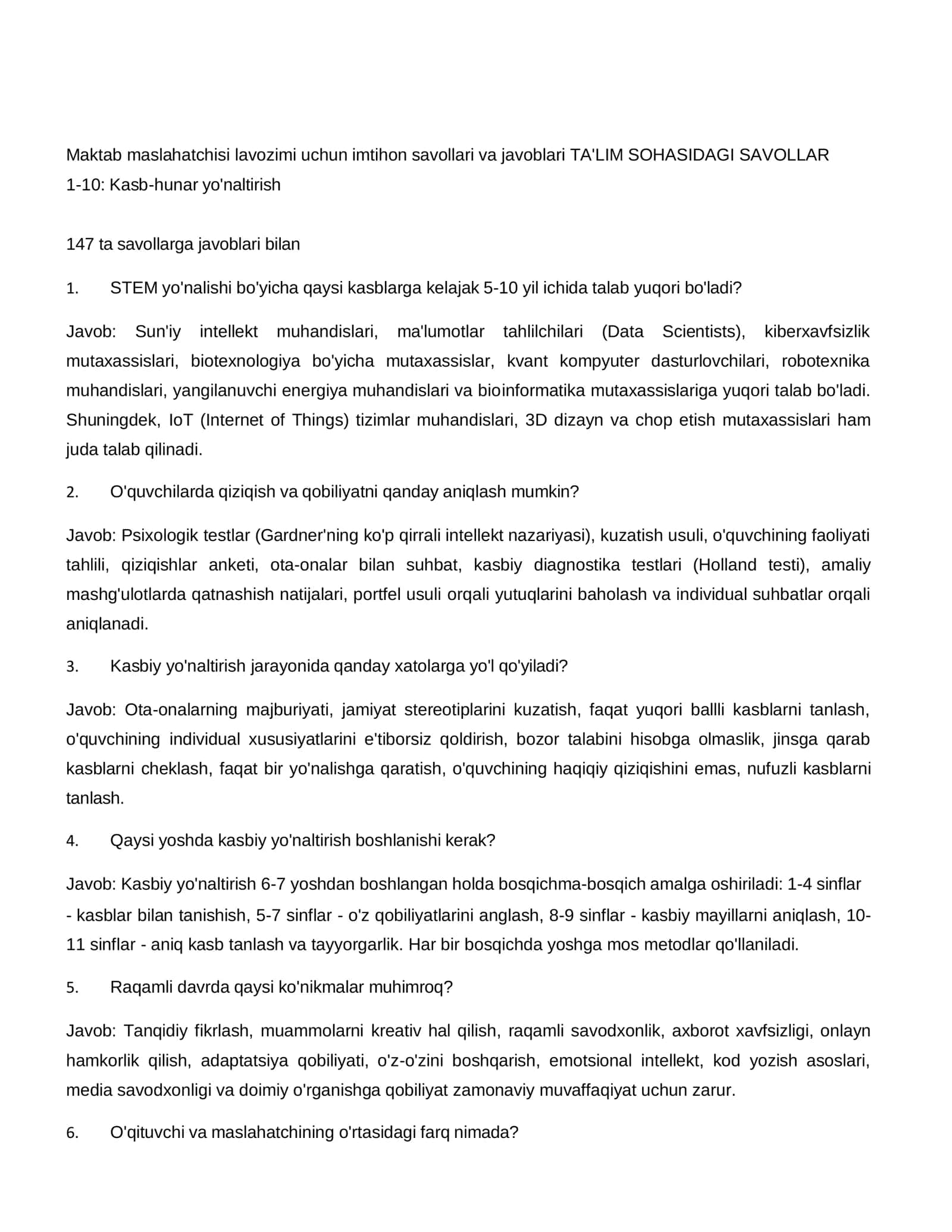 Maktab maslahatchisi lavozimi uchun imtihon savollari va javoblari TA'LIM SOHASIDAGI SAVOLLAR 2