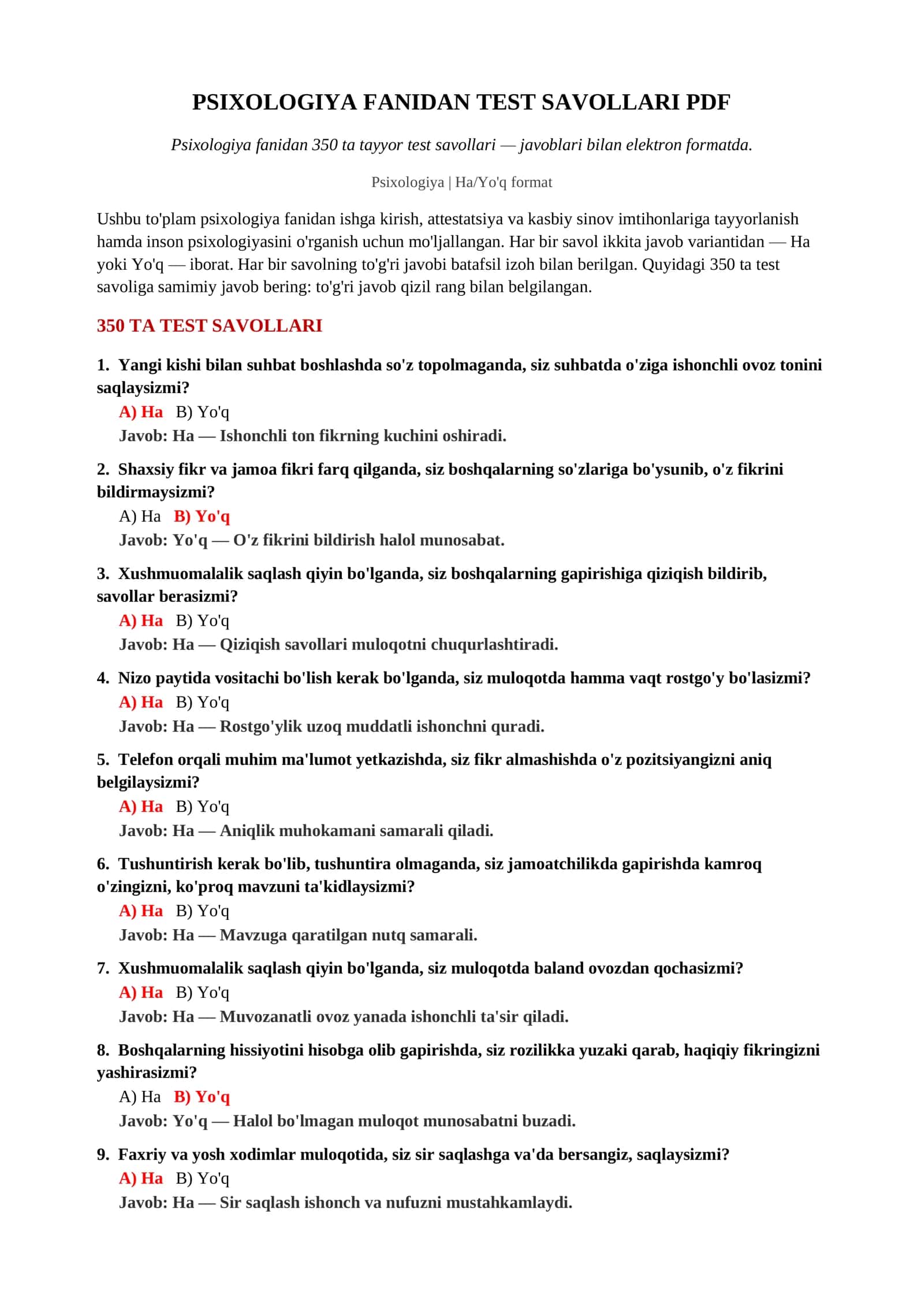 Psixologiya fanidan test savollari PDF 2