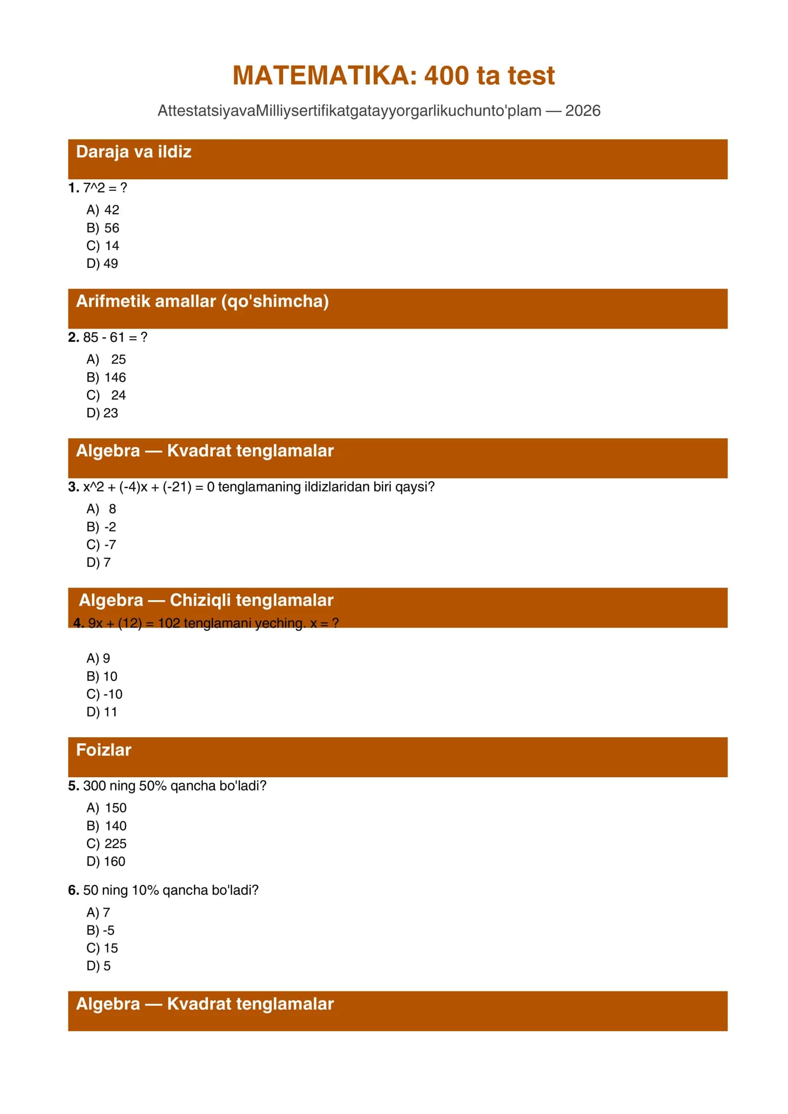 Matematika: 400 ta test — barcha mavzular bo‘yicha matematika test savollari va javoblar 2