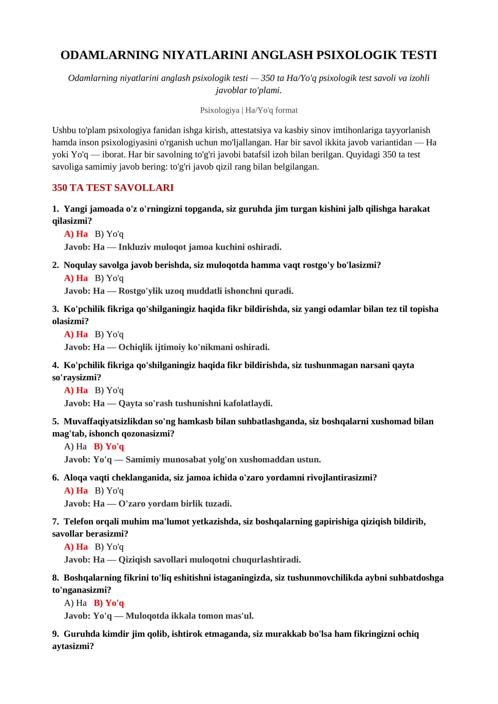 ODAMLARNING NIYATLARINI ANGLASH PSIXOLOGIK TESTI 2