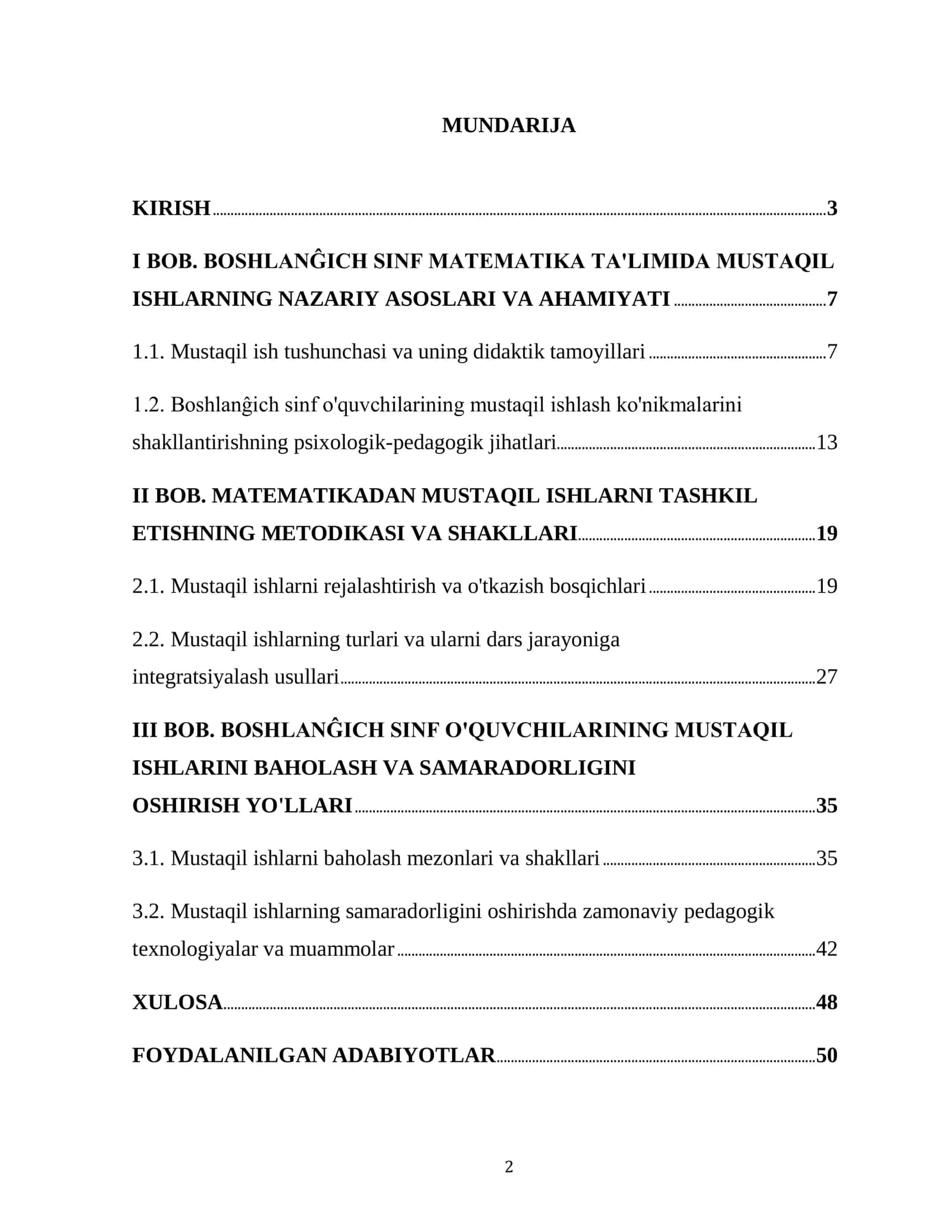 BOSHLANG‘ICH SINF O‘QUVCHILARINING MATEMATIKADAN MUSTAQIL ISHLARINI TASHKIL QILISH METODIKASI 2