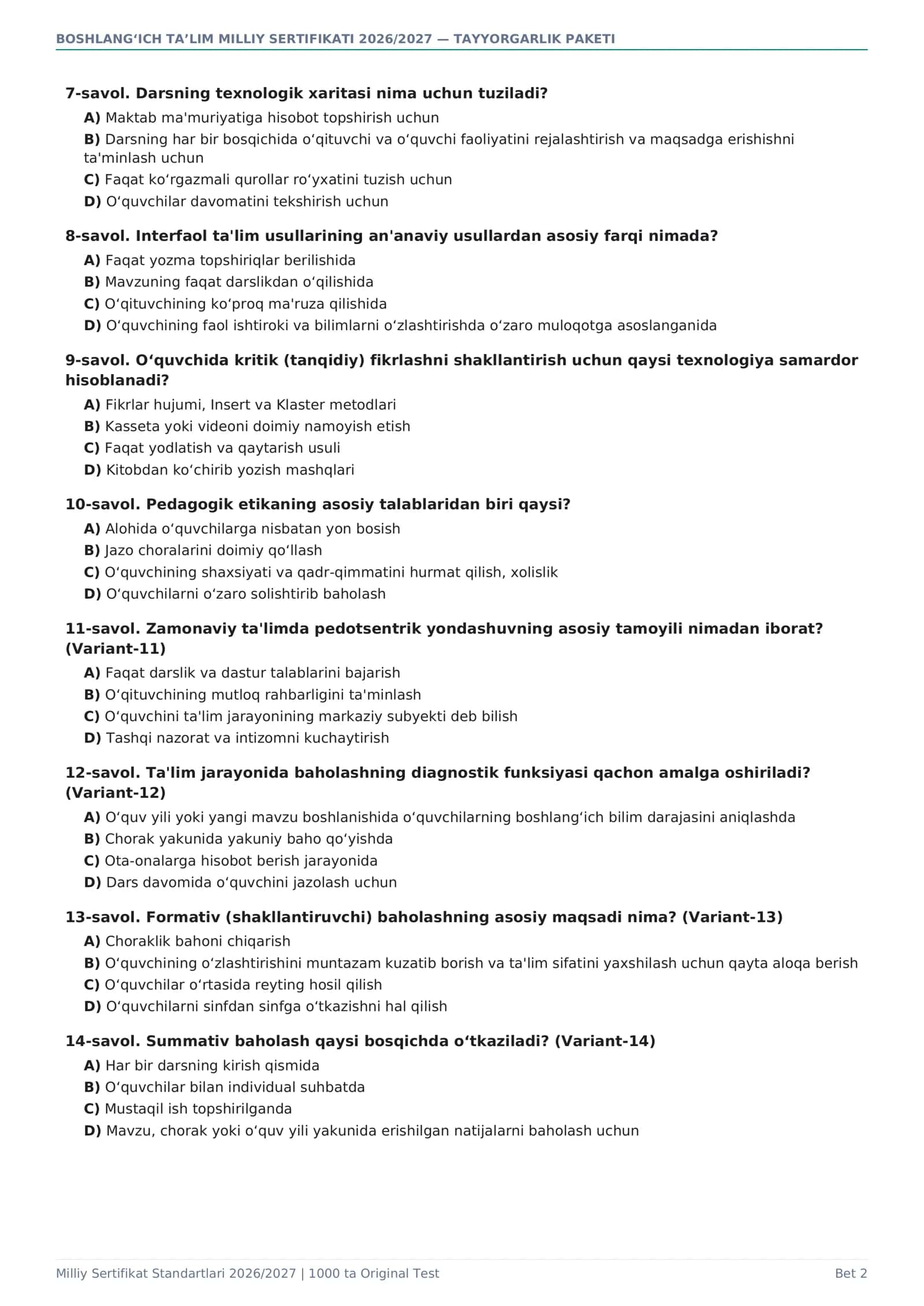 BOSHLANG‘ICH TA’LIM MILLIY SERTIFIKATI 2026/2027 — 1000 TA TEST + 20 SINOV 2