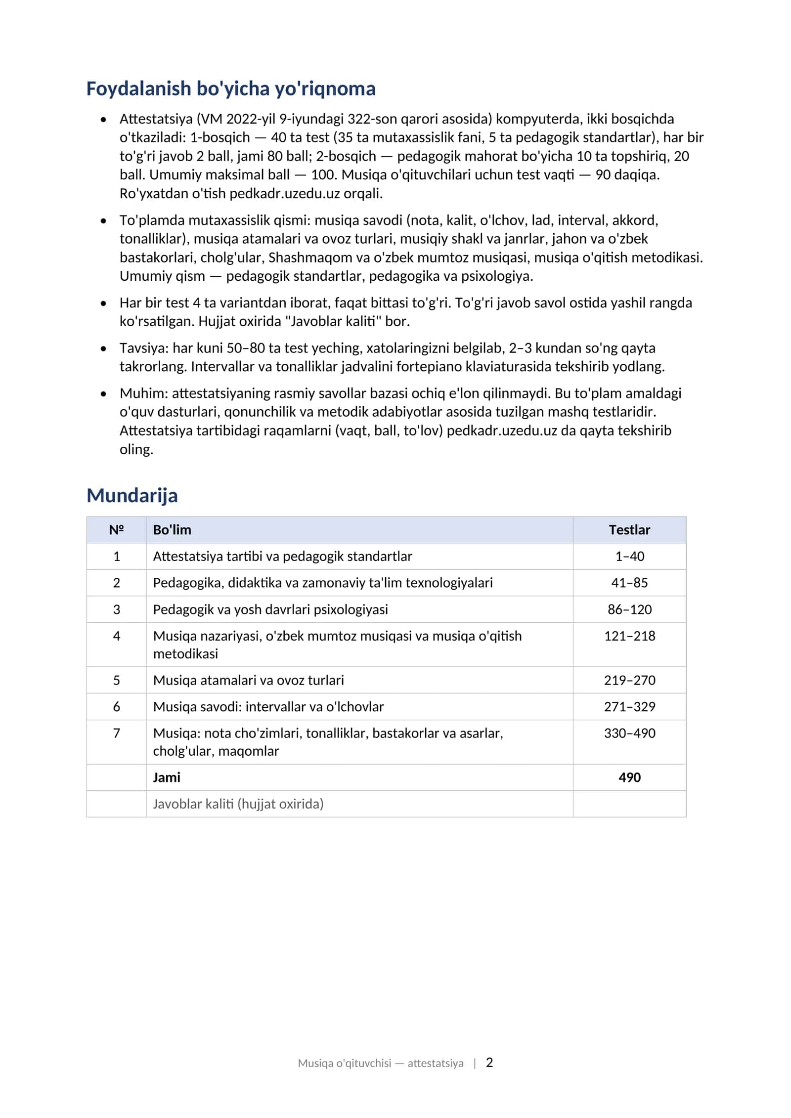 MUSIQA O'QITUVCHISI attestatsiyasi uchun test savollari to'plami (2025–2026) 490 ta test 2