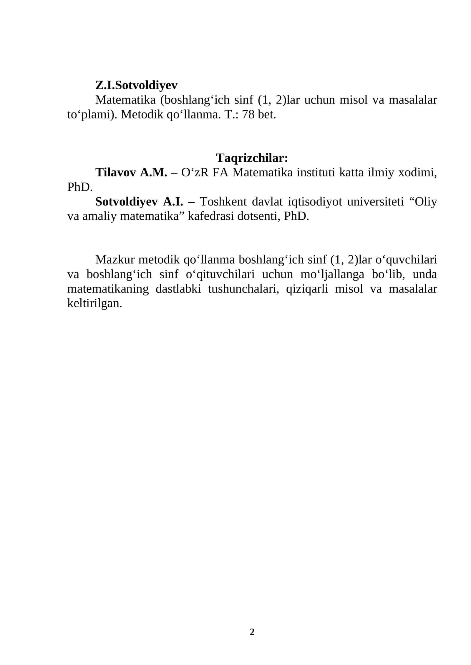 Matematika boshlang‘ich sinf (1, 2)lar uchun misol va masalalar to‘plami 2