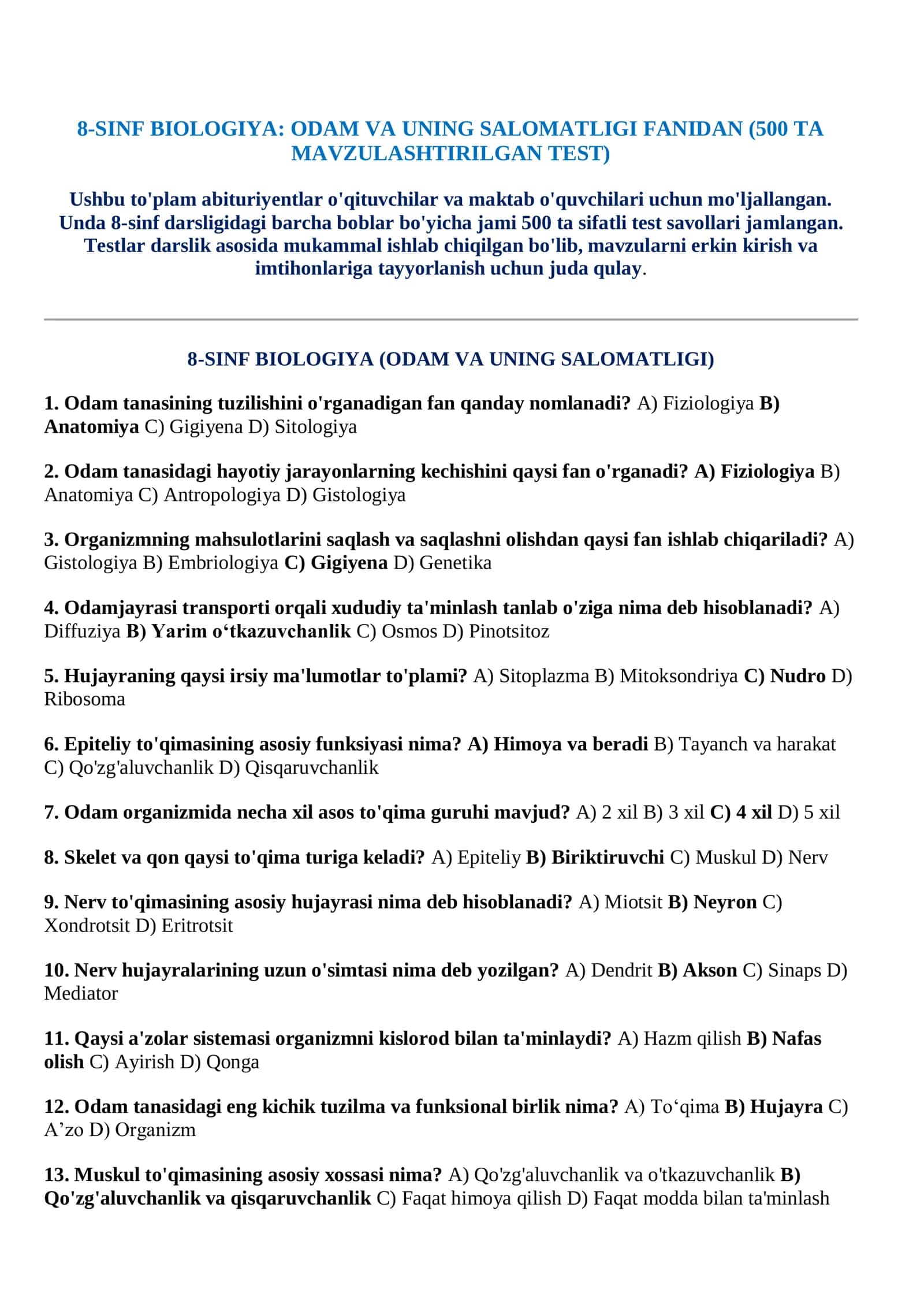 8-SINF BIOLOGIYA ODAM VA UNING SALOMATLIGI FANIDAN (500 TA MAVZULASHTIRILGAN TEST) 2026 YIL 2