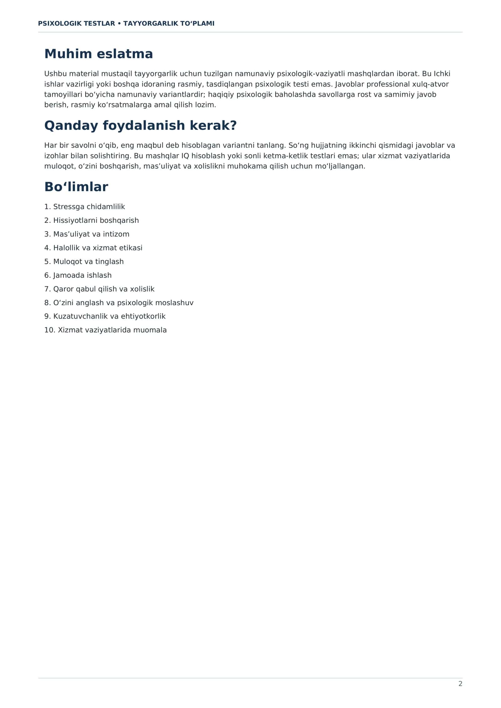 Ichki ishlarga kiruvchilar uchun psixologik testlar to‘plami 2