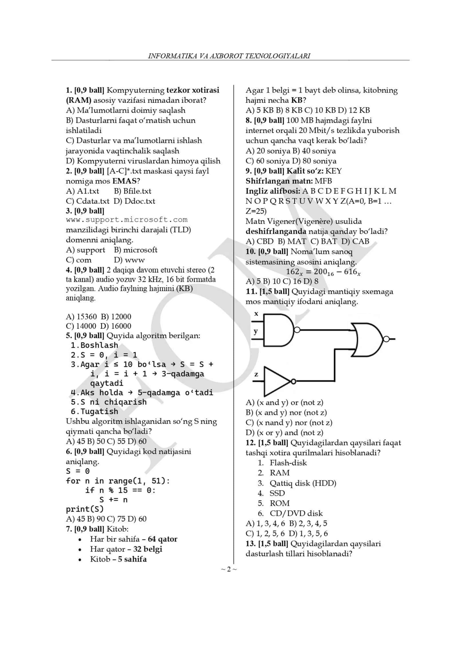 11 - sinf 2025 Informatika fanidan olimpiada savollari 2