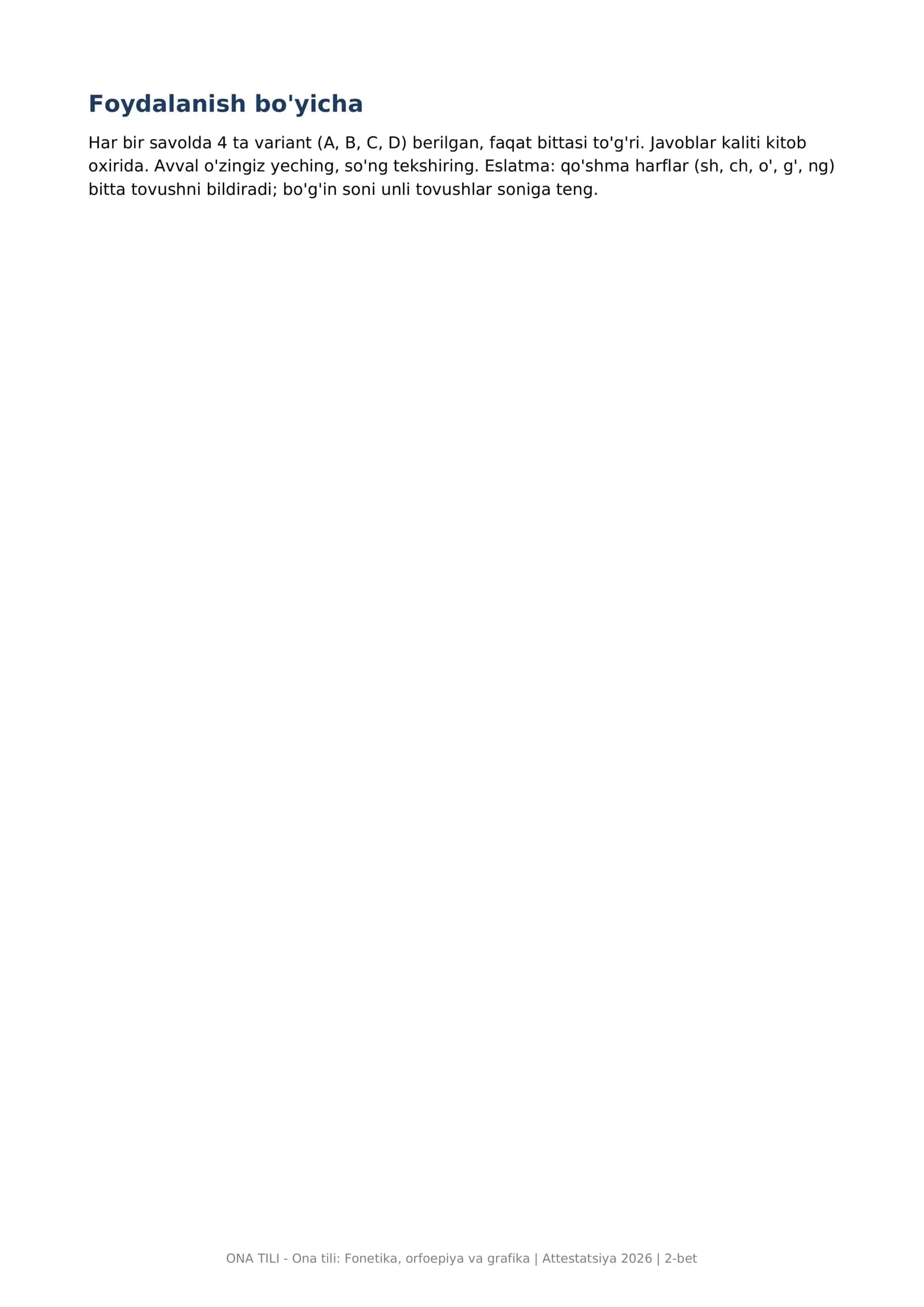 Ona tili: Fonetika, orfoepiya va grafika kitobi (400 ta test, javoblar kaliti bilan) tayyor. 2