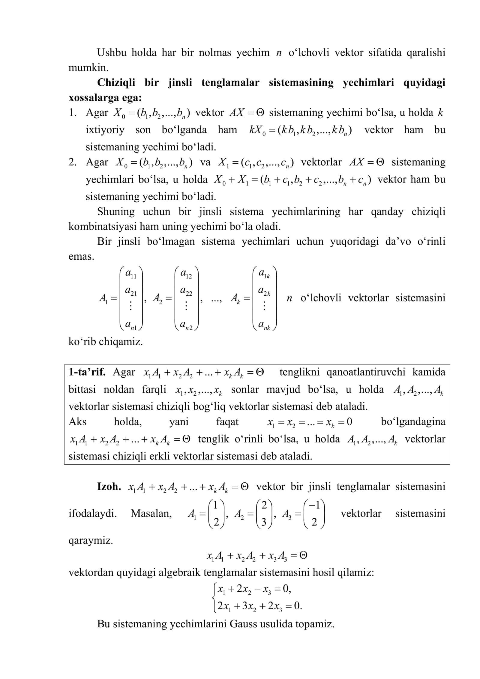 7-mavzu. Bir jinsli chiziqli algebraik tenglamalar sistemasi. Fundamental yechimlar sistemasi 2