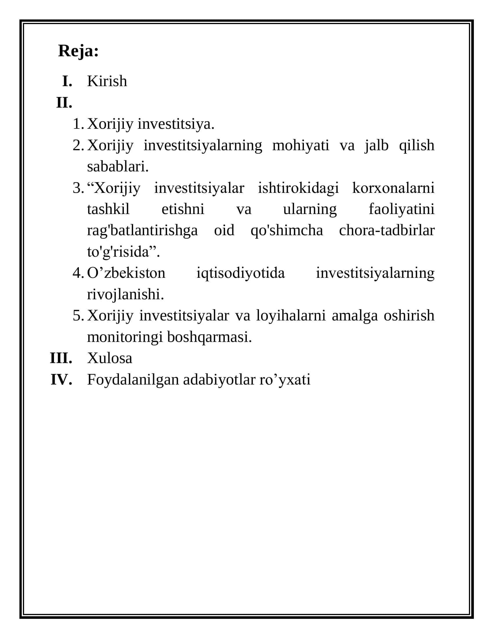 XORIJIY INVESTITSIYALAR FANIDAN РЕФЕРАТ 2