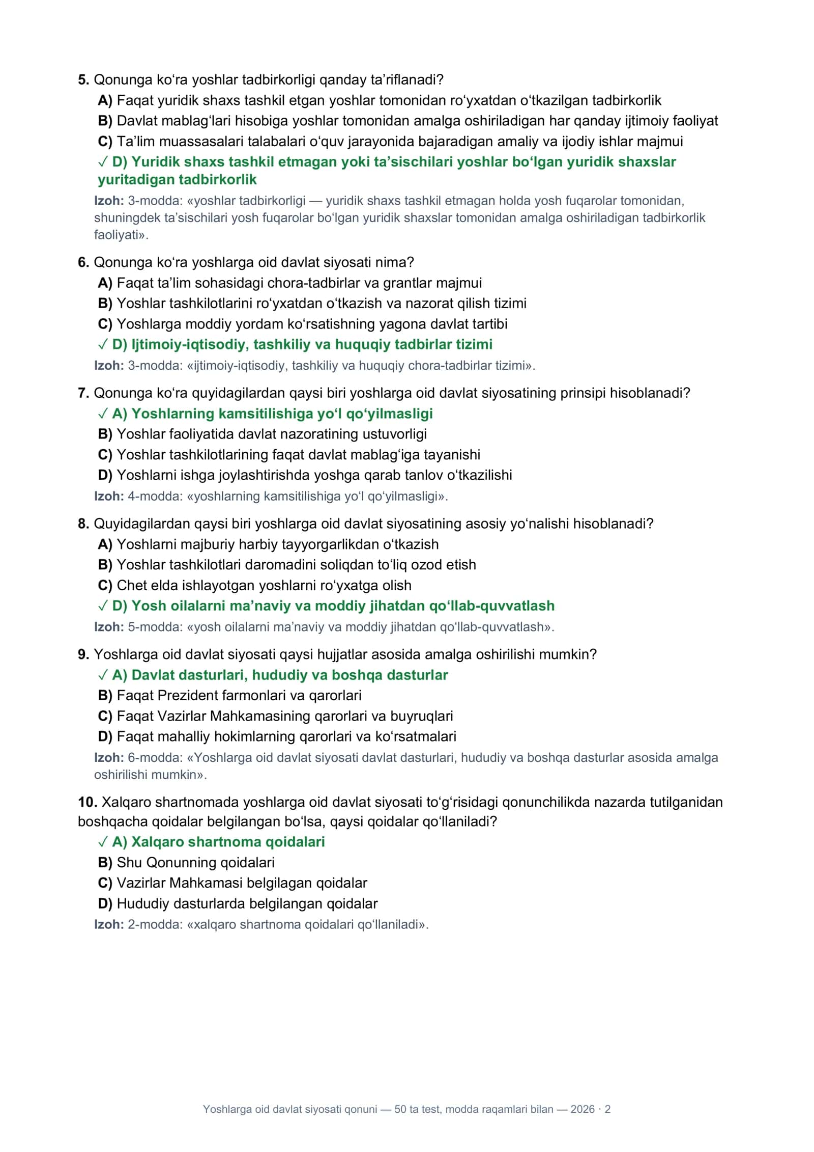 Yoshlarga oid davlat siyosati qonuni — 50 ta test, modda raqamlari bilan — 2026 2