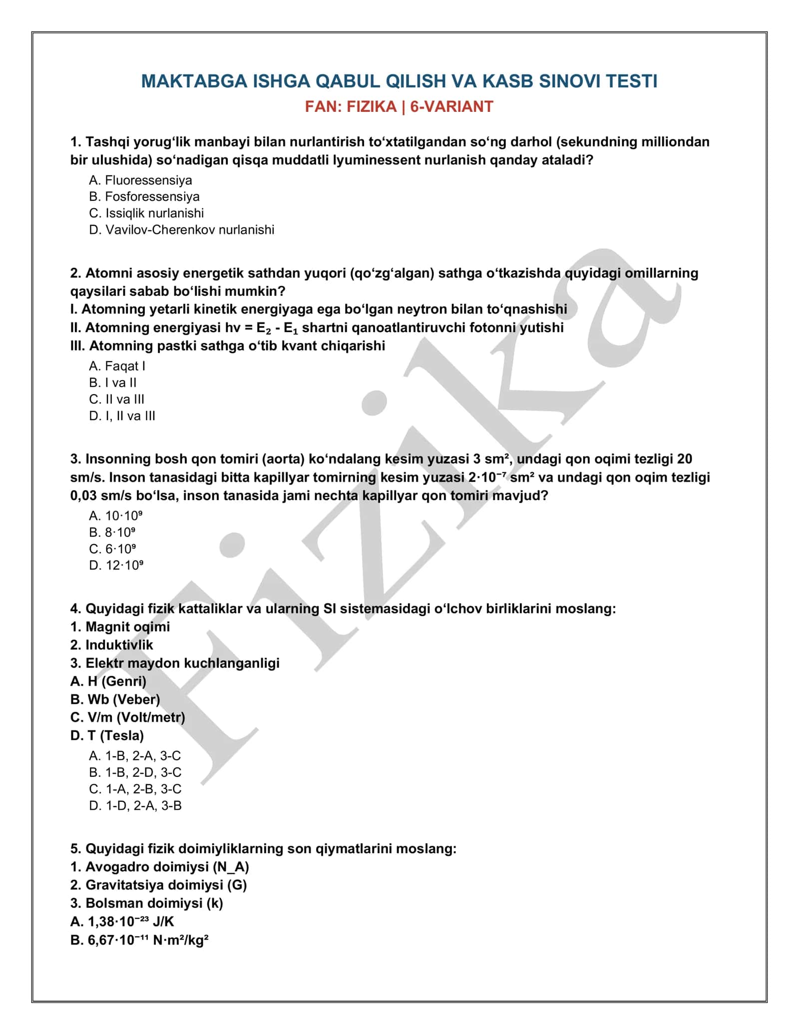 Fizika fanidan maktabga ishga kirish (saralash) testi — 6-variant (yechimlar kaliti bilan) 2