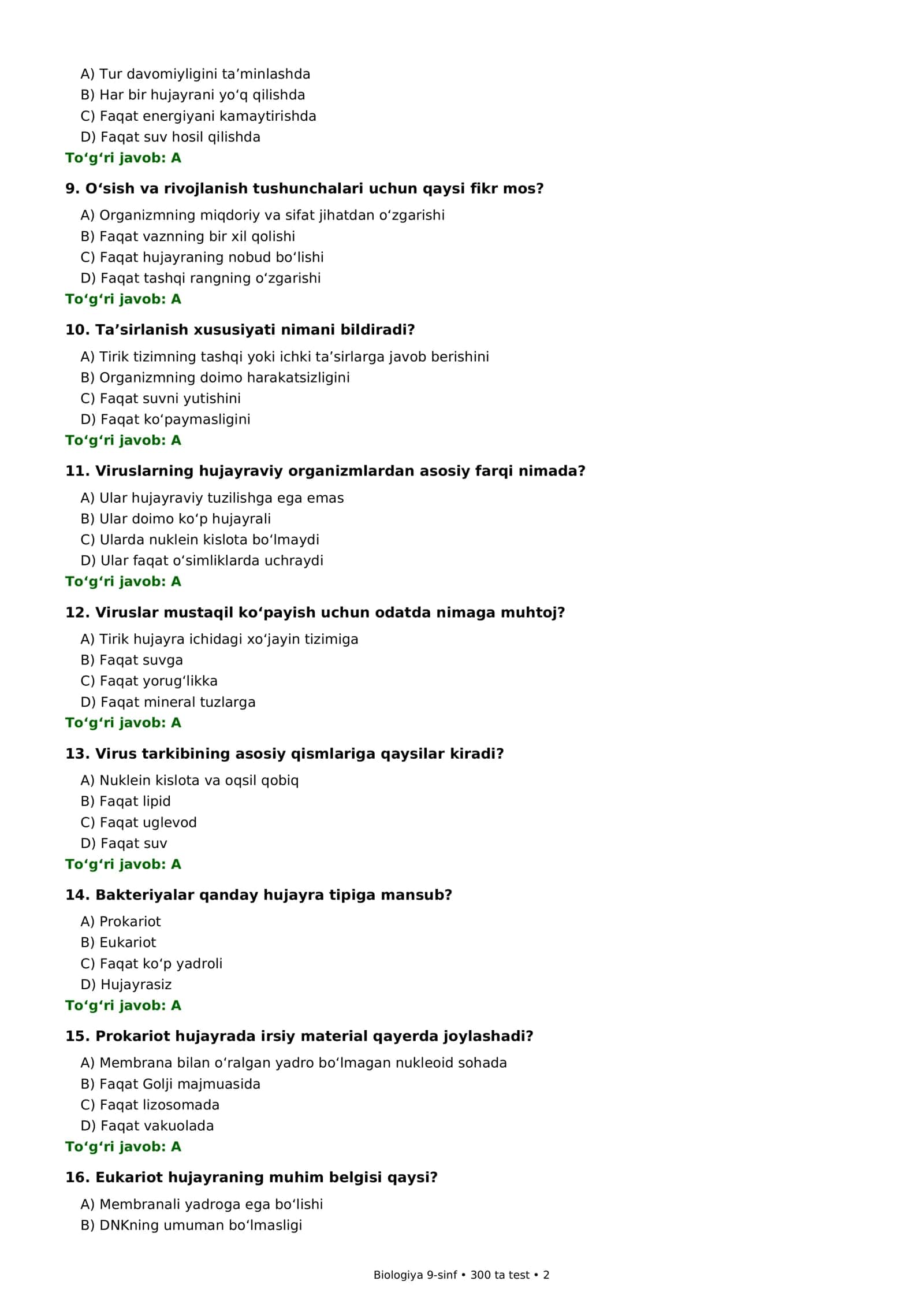 9-SINF BIOLOGIYA — 300 TA TEST + JAVOBLAR 2