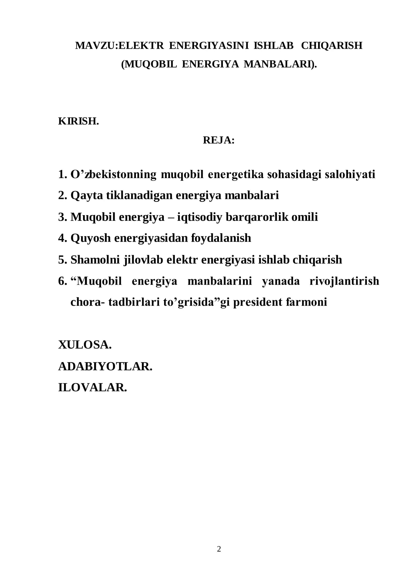 ELEKTR ENERGIYASINI ISHLAB CHIQARISH (MUQOBIL ENERGIYA MANBALARI) 2