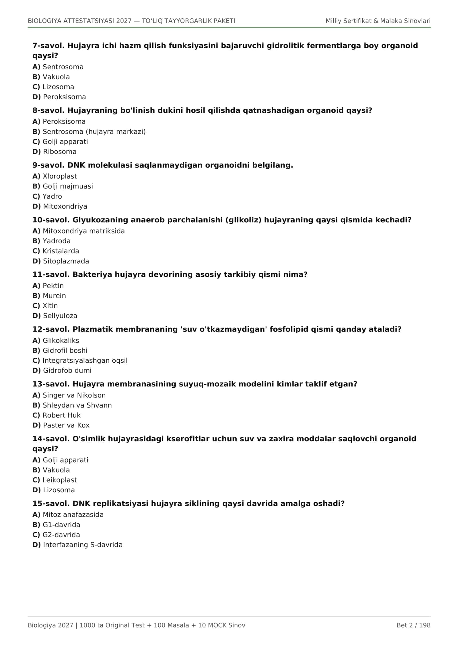 BIOLOGIYA ATTESTATSIYASI 2027 — 1000 TA TEST + 10 MOCK + 100 MASALA 2