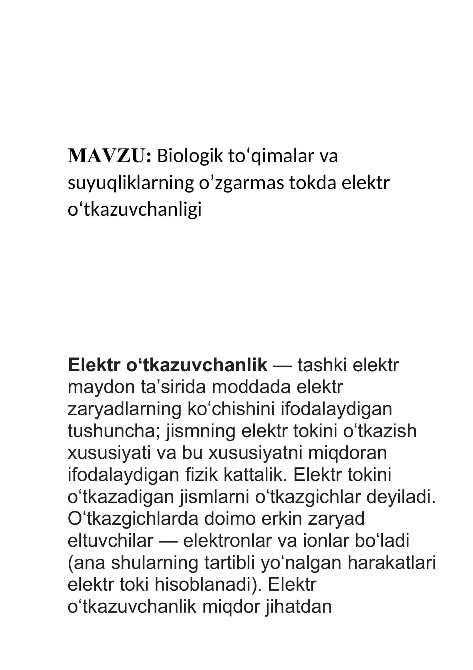 Biologik to‘qimalar va suyuqliklarning o‘zgarmas tokda elektr o‘tkazuvchanligi 2