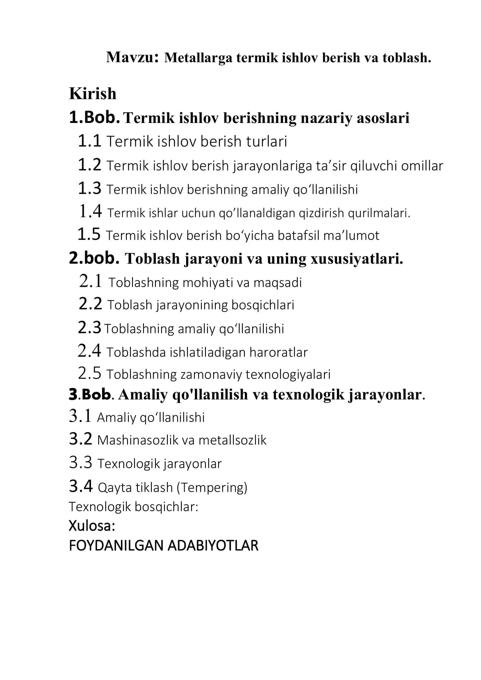 : Metallarga termik ishlov berish va toblash. Kurs ishi 2