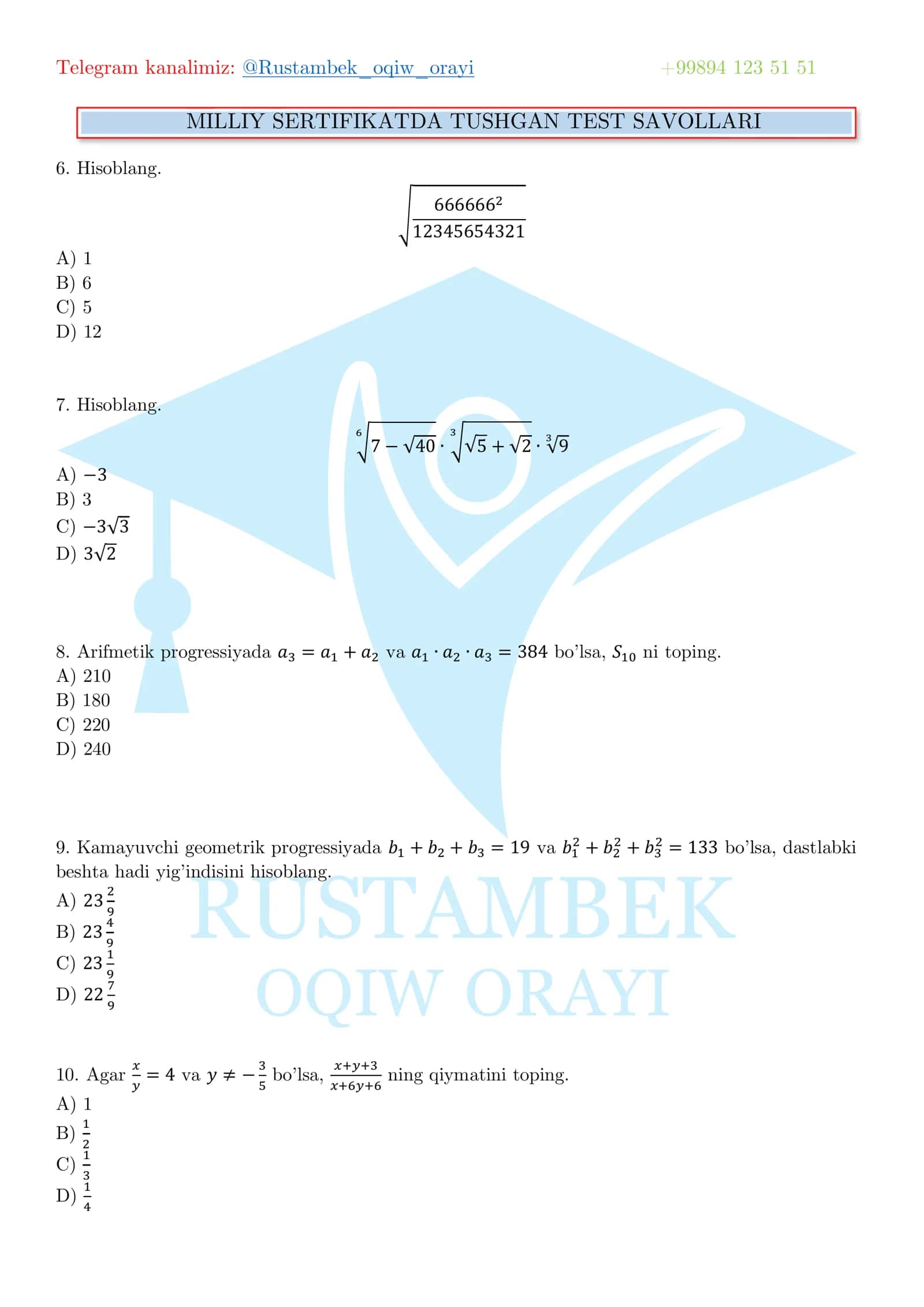 MILLIY SERTIFIKATDA TUSHGAN TEST SAVOLLARI 2