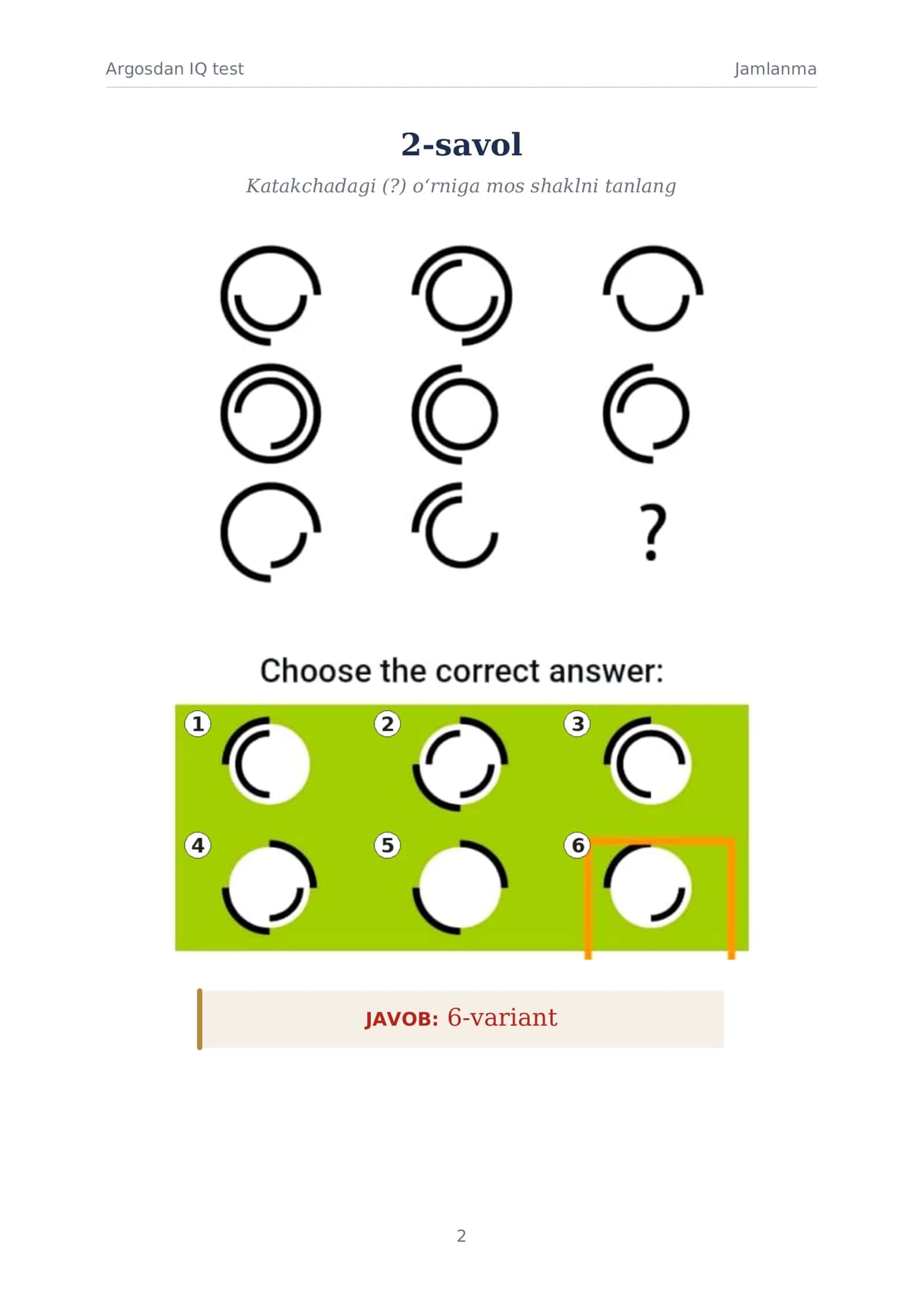 Argosdan IQ test SAVOLLARI VA JAVOBLARI 2