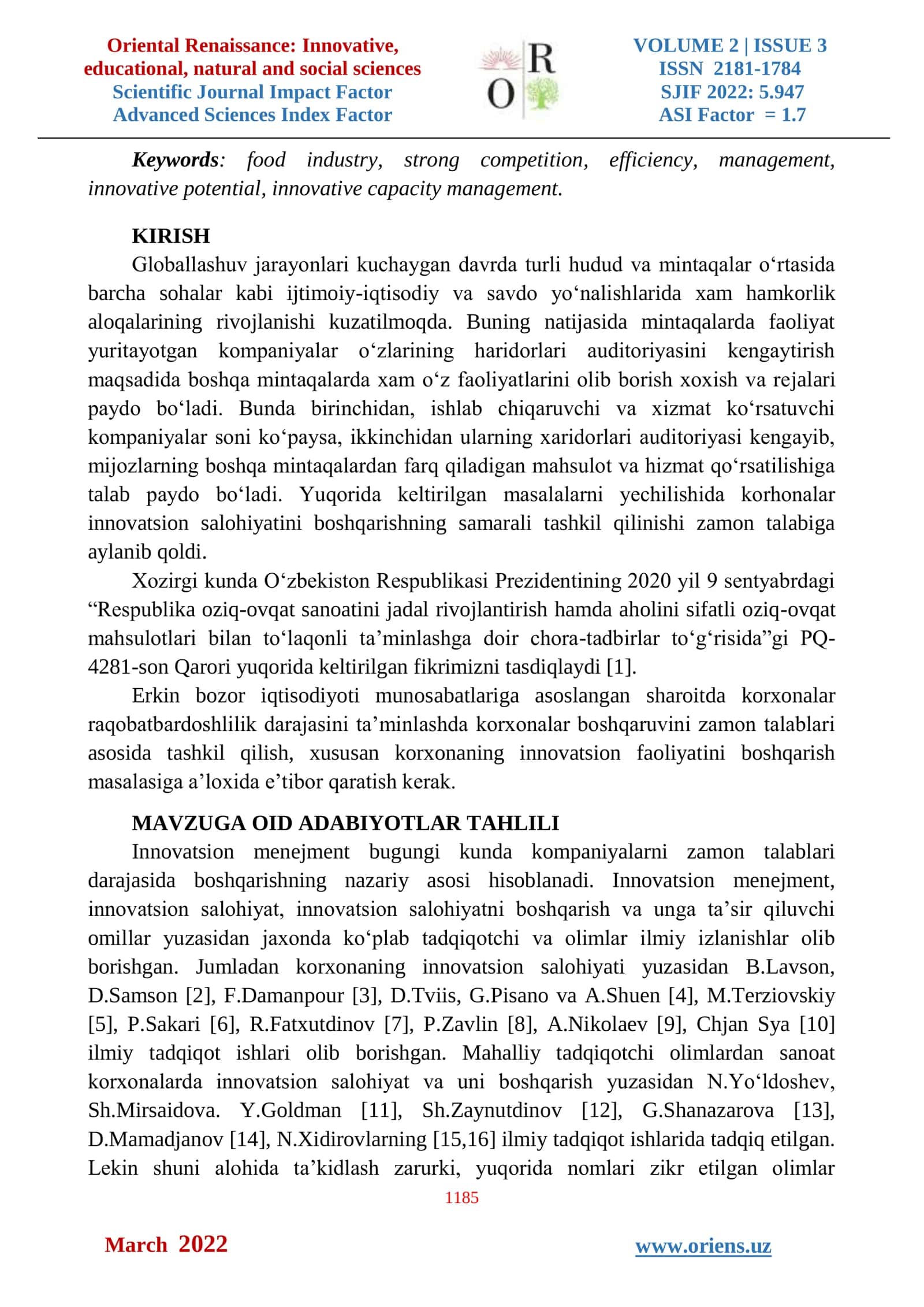 OZIQ-OVQAT SANOATI KORXONALAR INNOVATSION SALOHIYATINI BOSHQARISH 2
