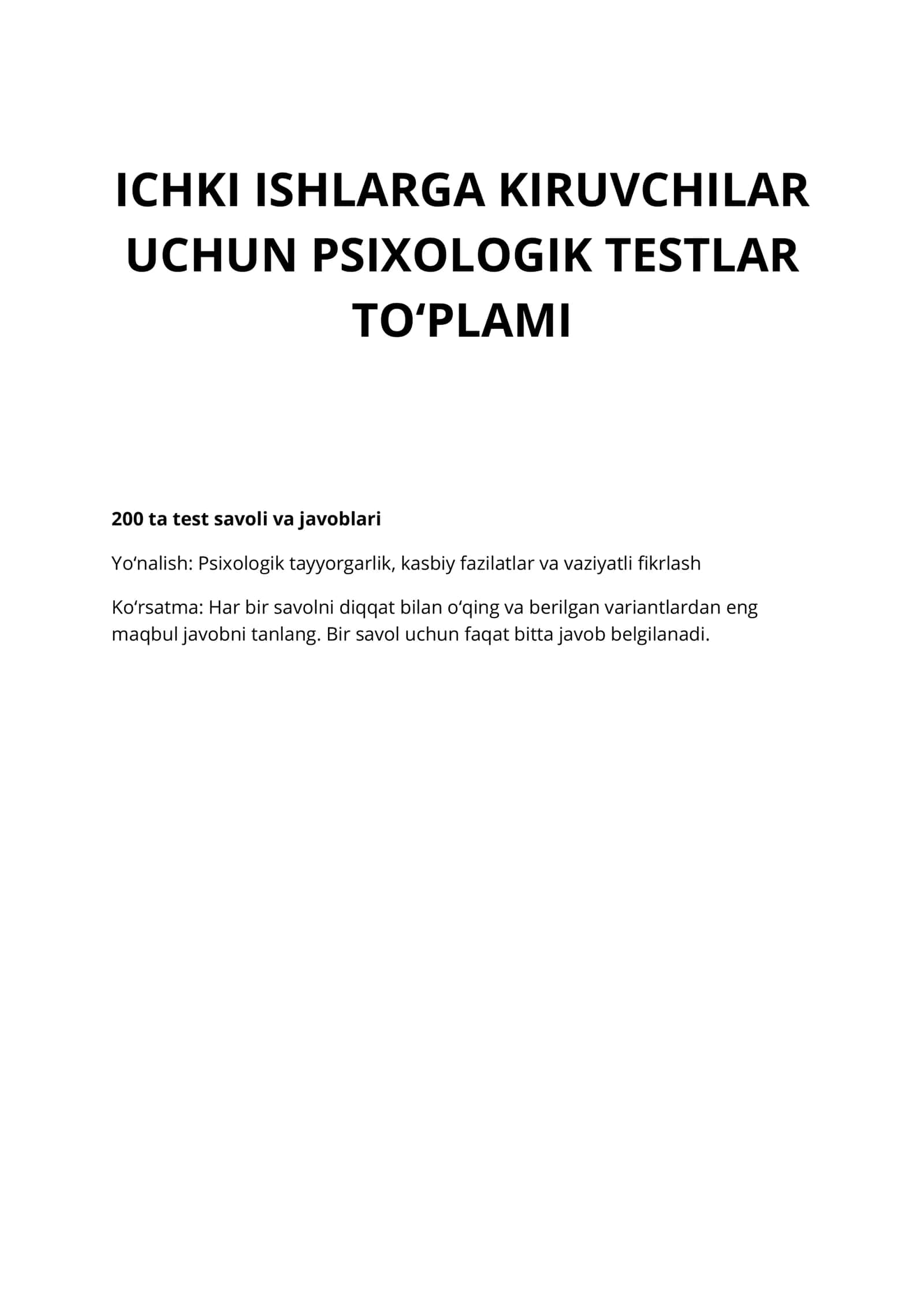 Ichki ishlarga kiruvchilar uchun psixologik testlar to‘plami — 200 ta test savoli va javoblari 2