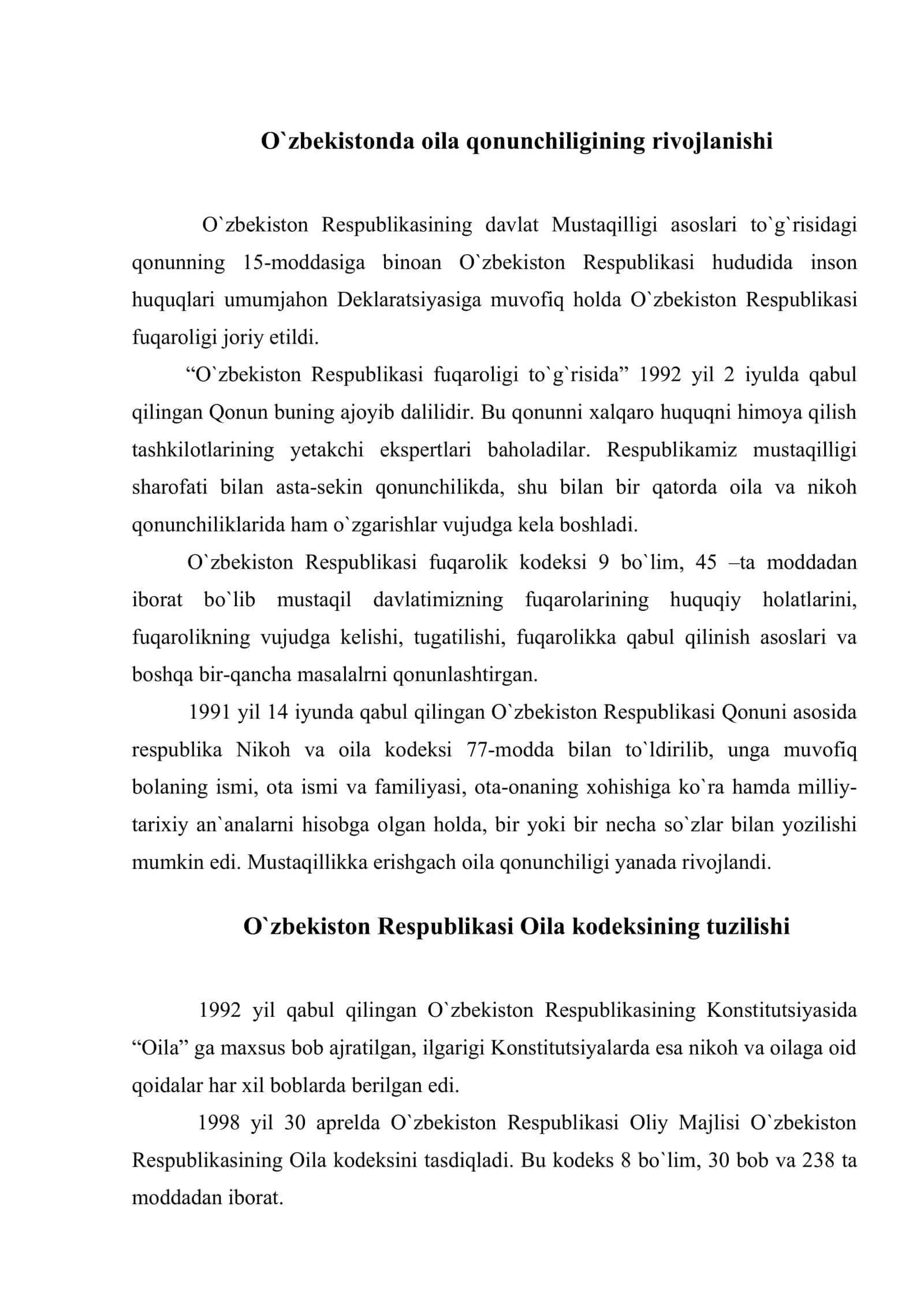 O`zbekistonda oila qonunchiligining rivojlanishi 2