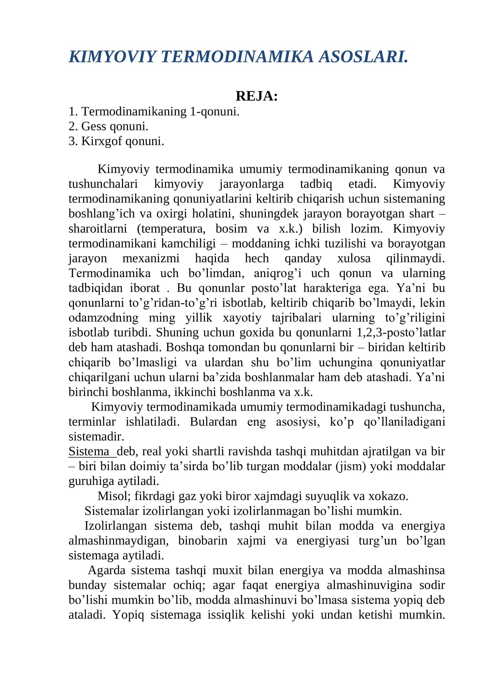 KIMYOVIY TERMODINAMIKA ASOSLARI 2