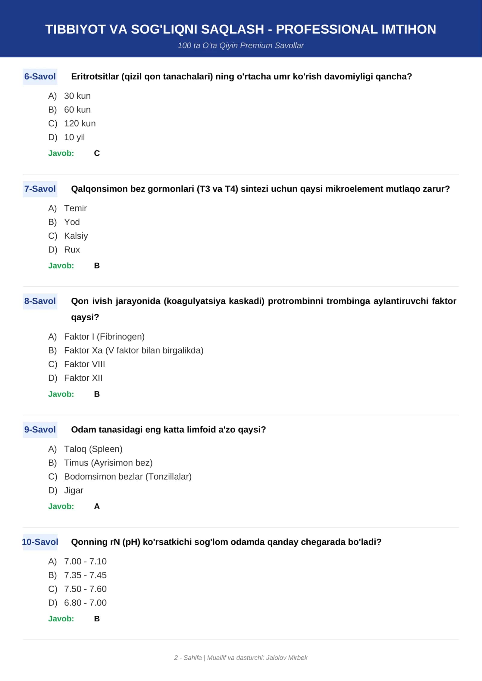 TIBBIYOT VA SOG'LIQNI SAQLASH - PROFESSIONAL IMTIHON 2