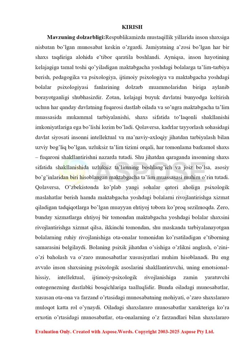 Kurs ishi: Bog‘cha yoshidagi bola taraqqiyotini umumiy tavsif 2