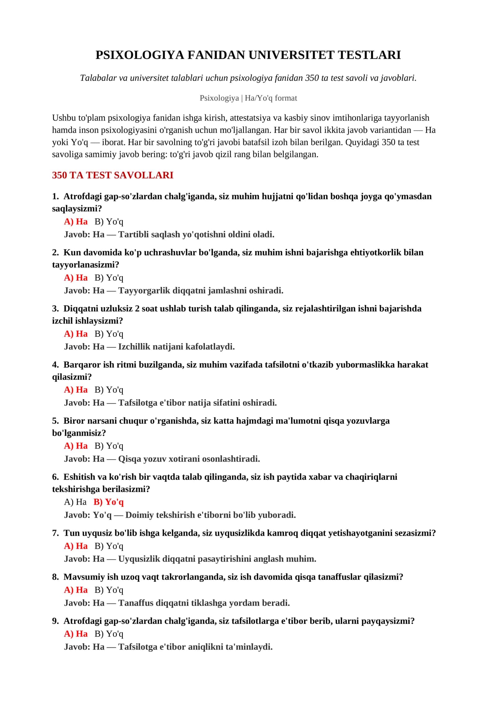 PSIXOLOGIYA FANIDAN UNIVERSITET TESTLARI 2
