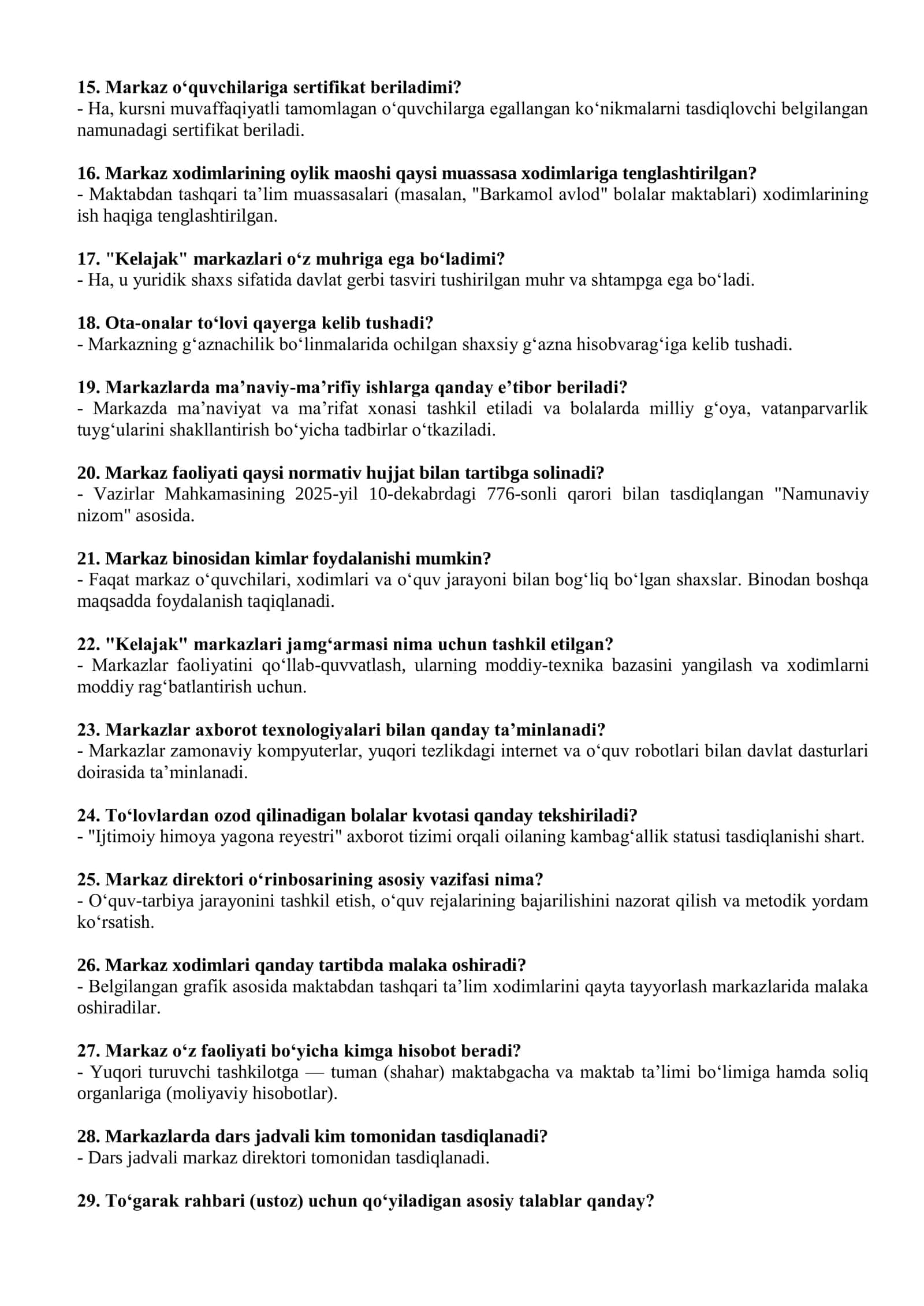 "Kelajak" markazi suhbat savollari (javoblari bilan) 40 ta 2