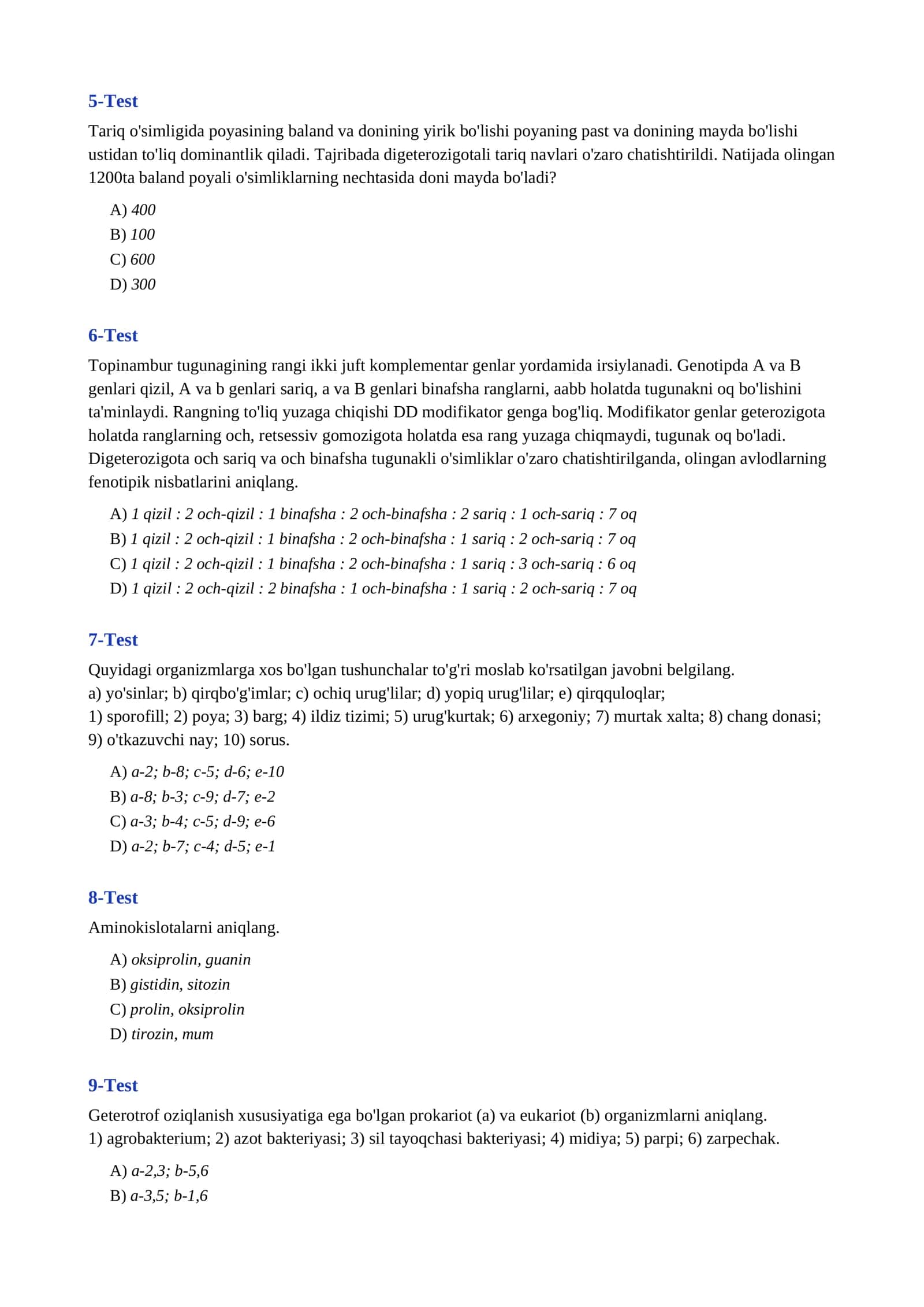BIOLOGIYA 30 talik Mock Test javobli 2-variant 2