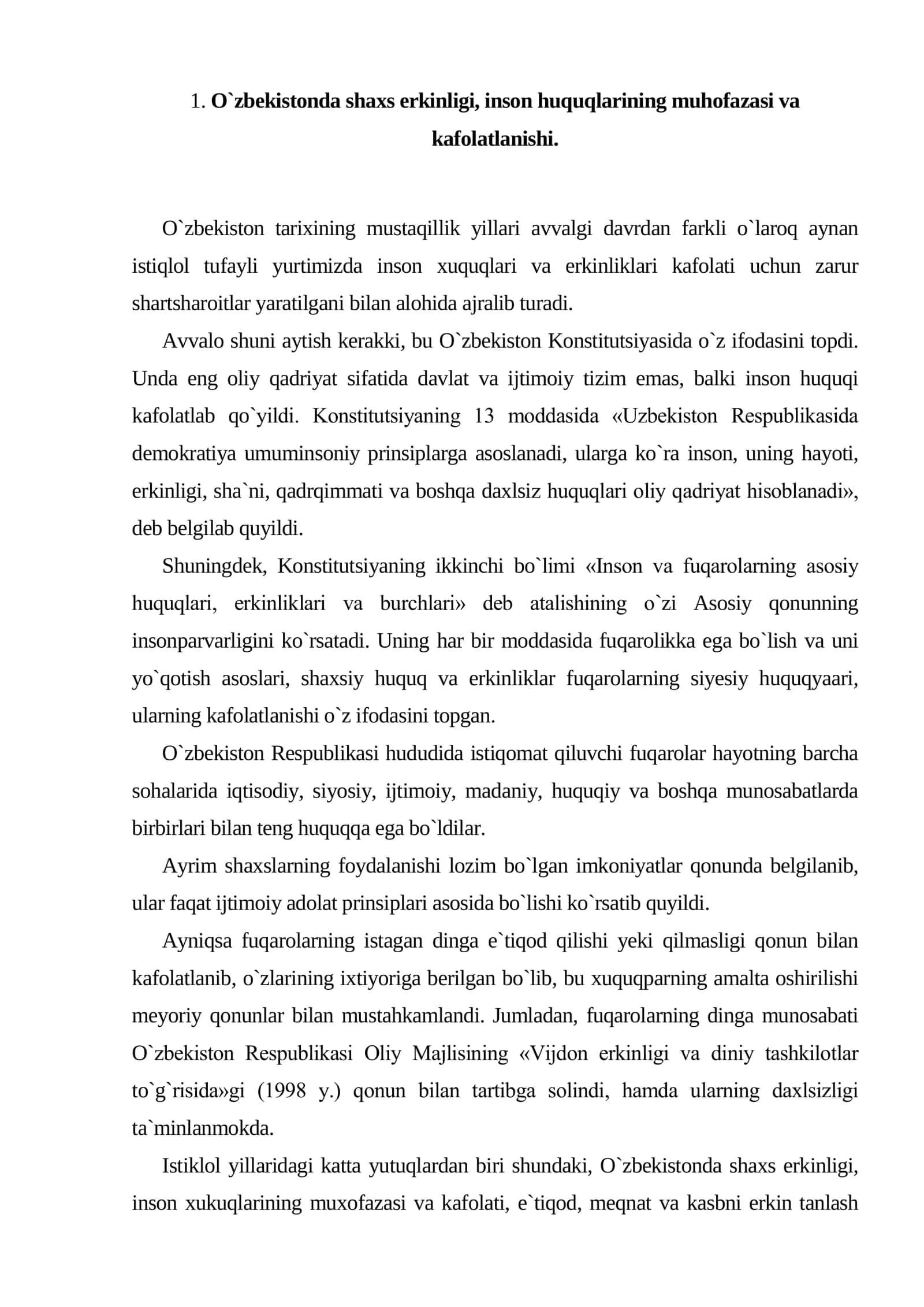 Yangi O`zbekistonda inson haq-huquqlari va erkinliklari yaratilishi 2