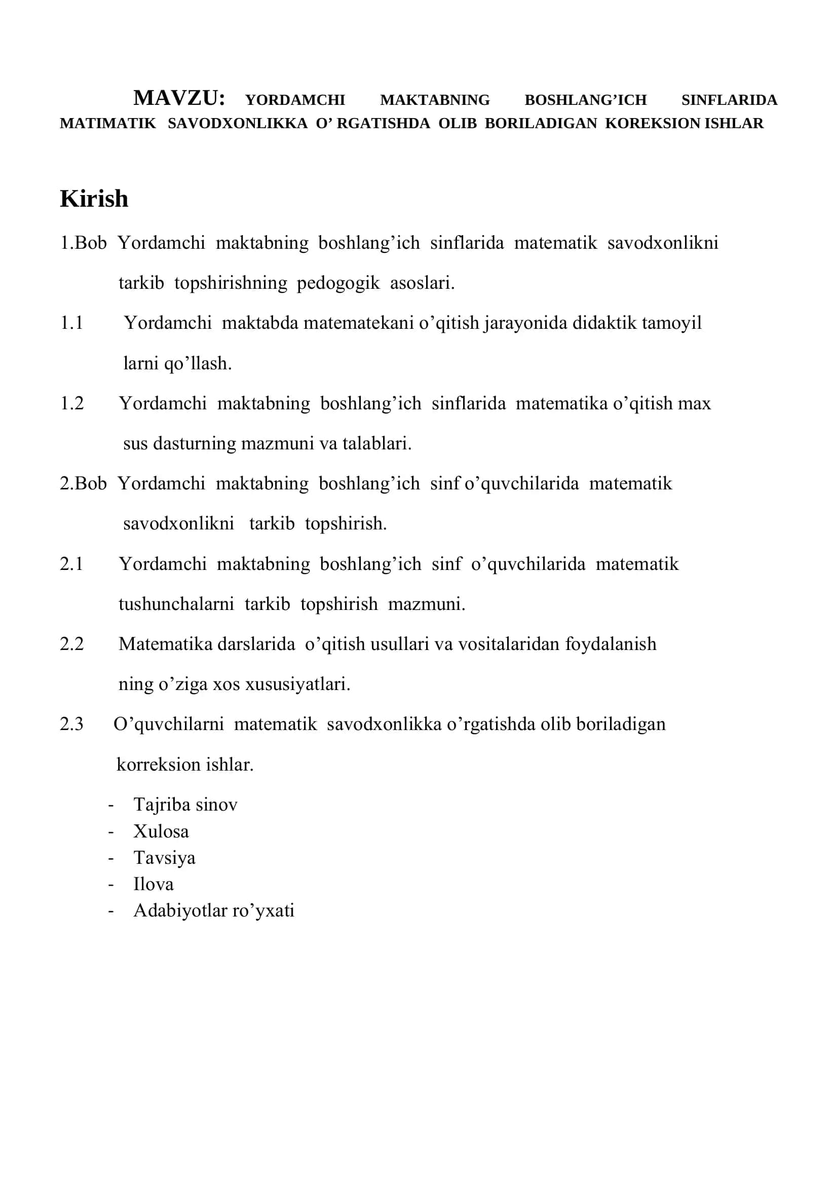 YORDAMCHI MAKTABNING BOSHLANG’ICH SINFLARIDA MATIMATIK SAVODXONLIKKA O’ RGATISHDA OLIB BORILADIGAN KOREKSION ISHLAR 2